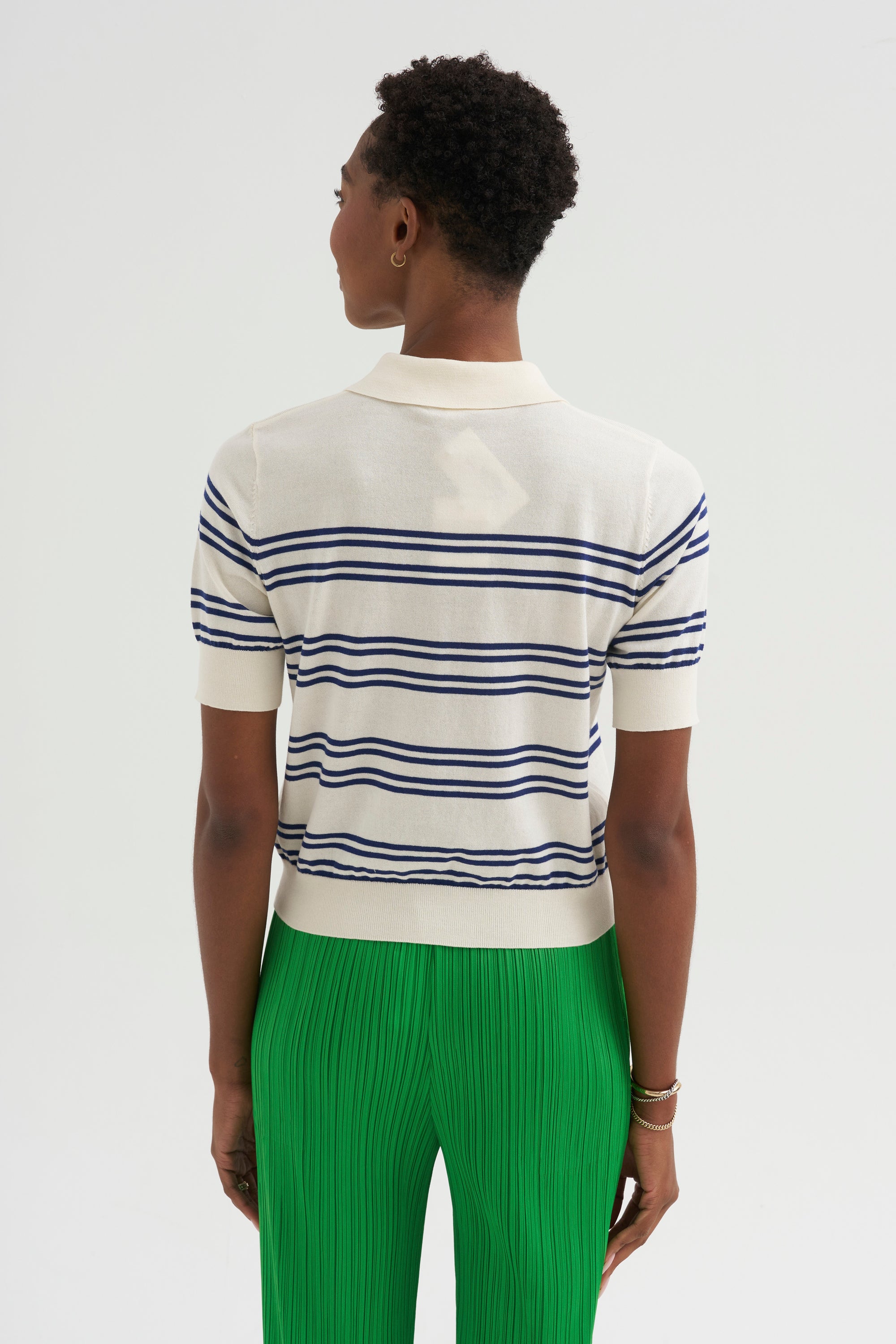 Norah Stripe Cotton Polo Top, Off White &amp; Baltic Blue