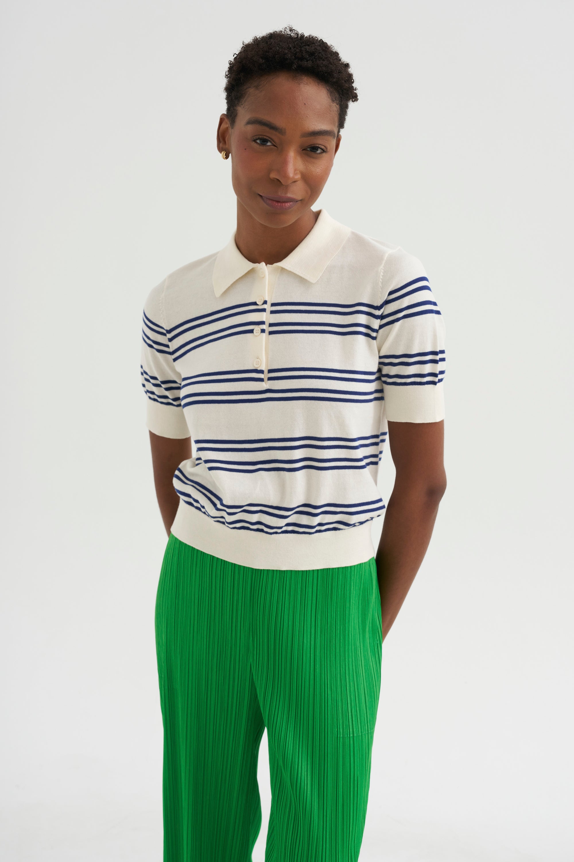 Norah Stripe Cotton Polo Top, Off White &amp; Baltic Blue