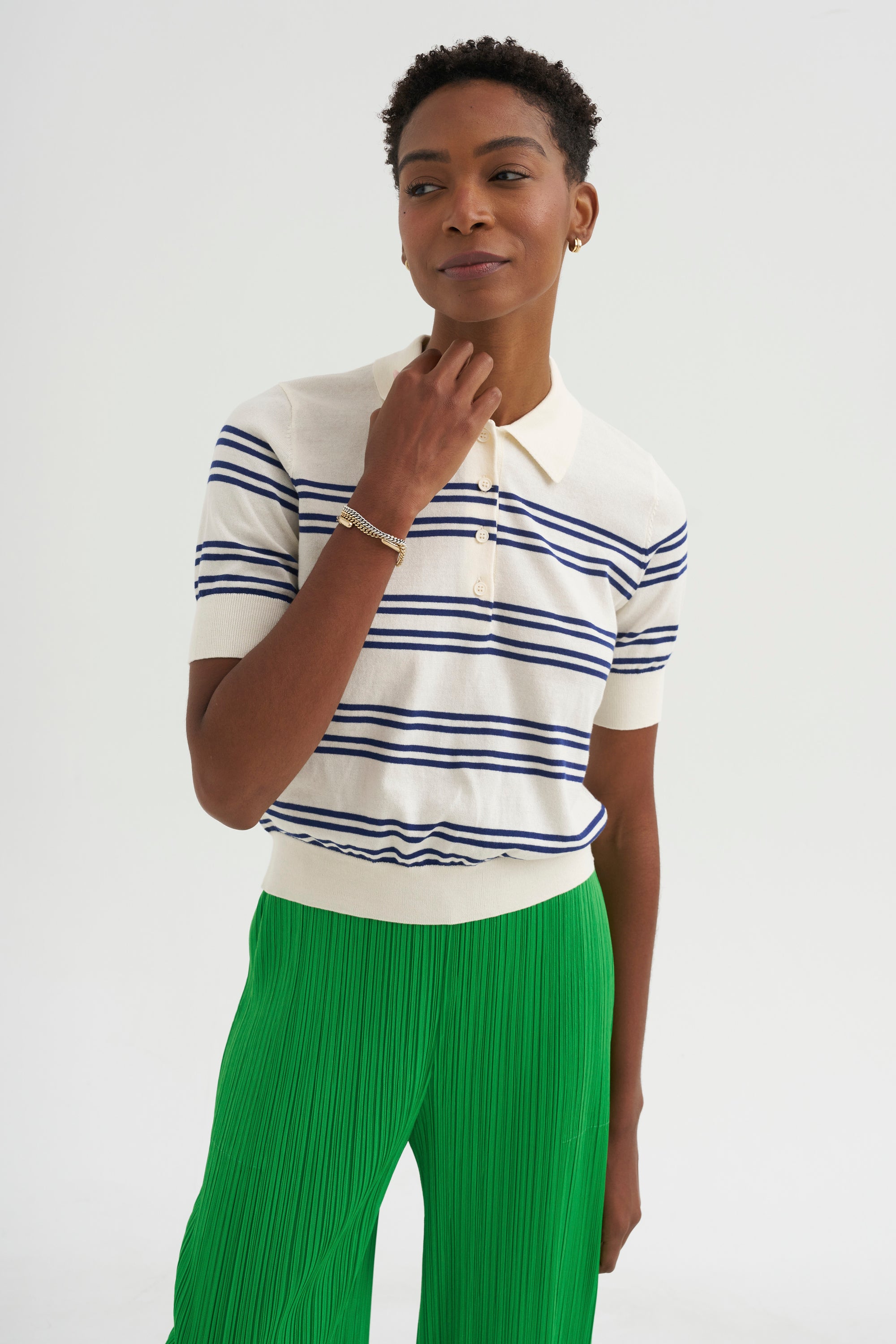 Norah Stripe Cotton Polo Top, Off White &amp; Baltic Blue