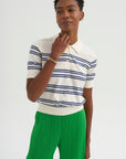 Norah Stripe Cotton Polo Top, Off White & Baltic Blue