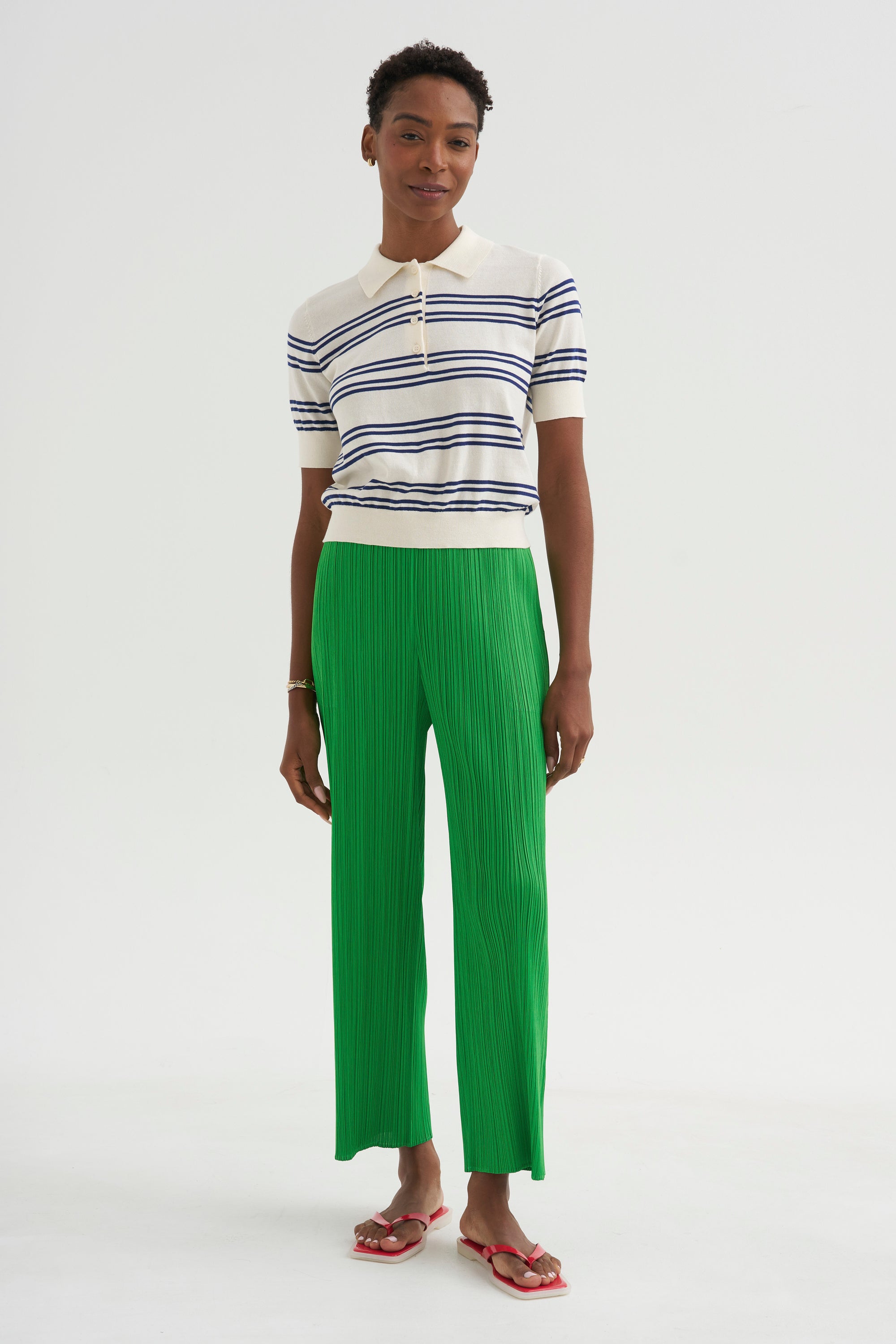 Norah Stripe Cotton Polo Top, Off White &amp; Baltic Blue