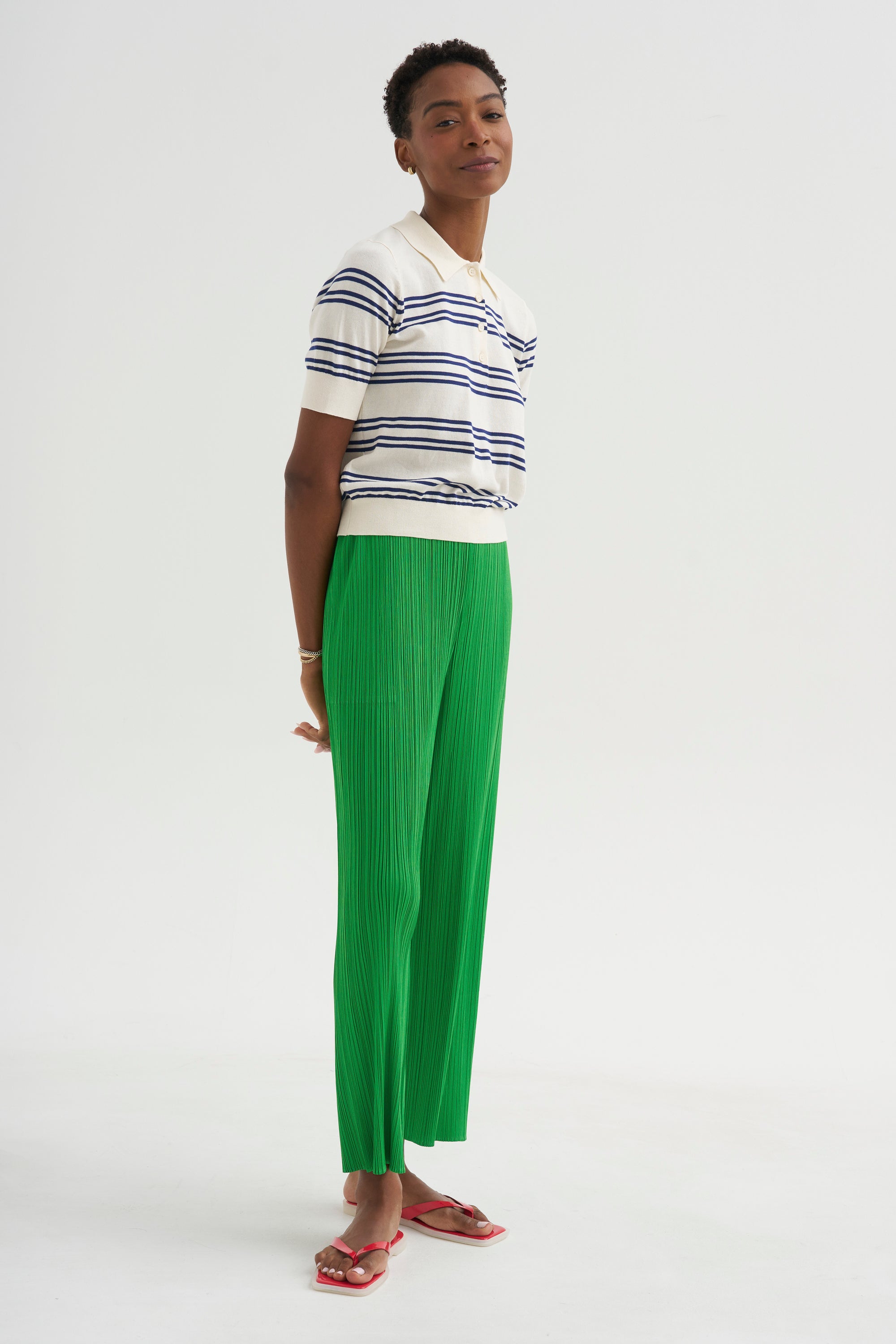 Norah Stripe Cotton Polo Top, Off White &amp; Baltic Blue