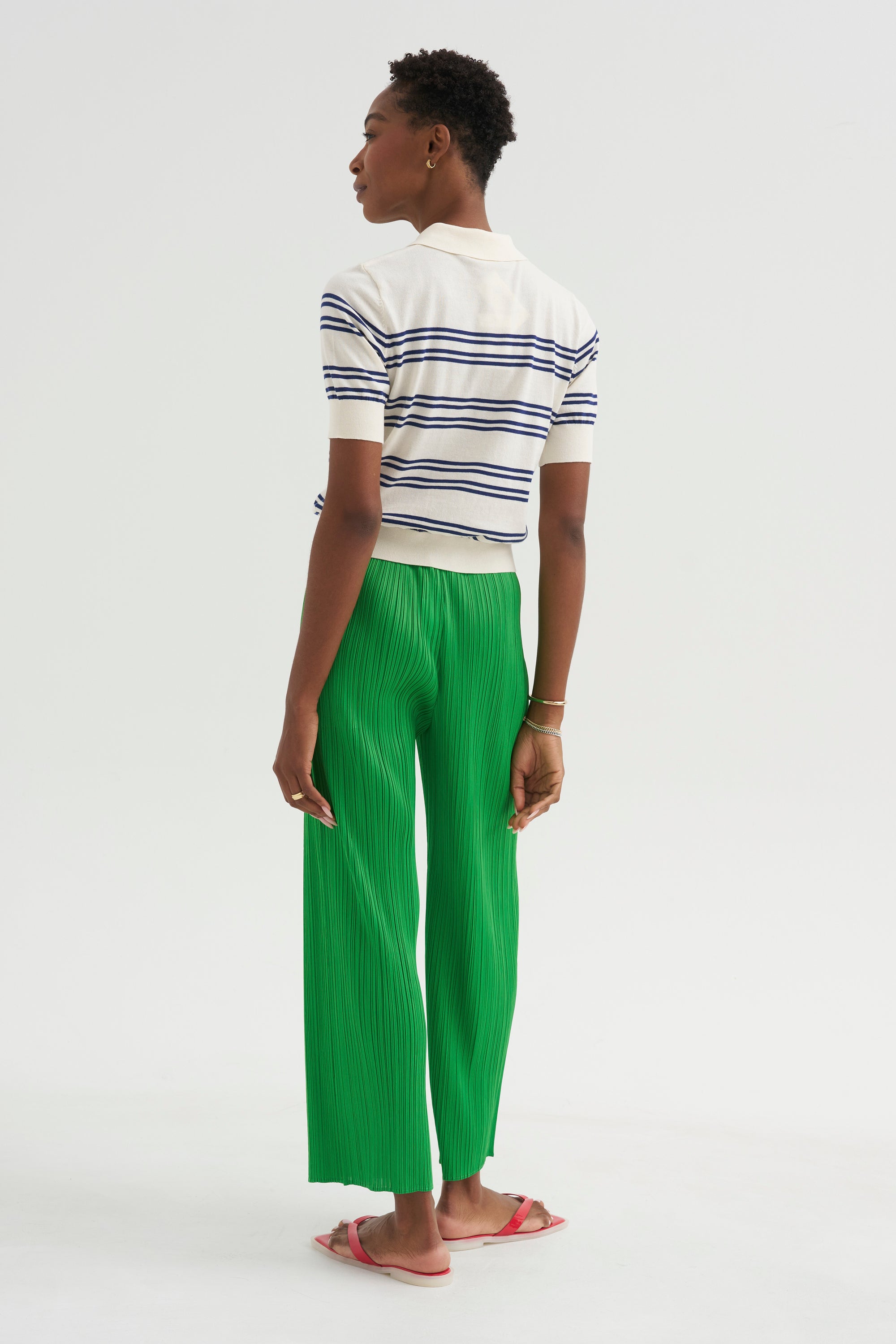 Norah Stripe Cotton Polo Top, Off White &amp; Baltic Blue