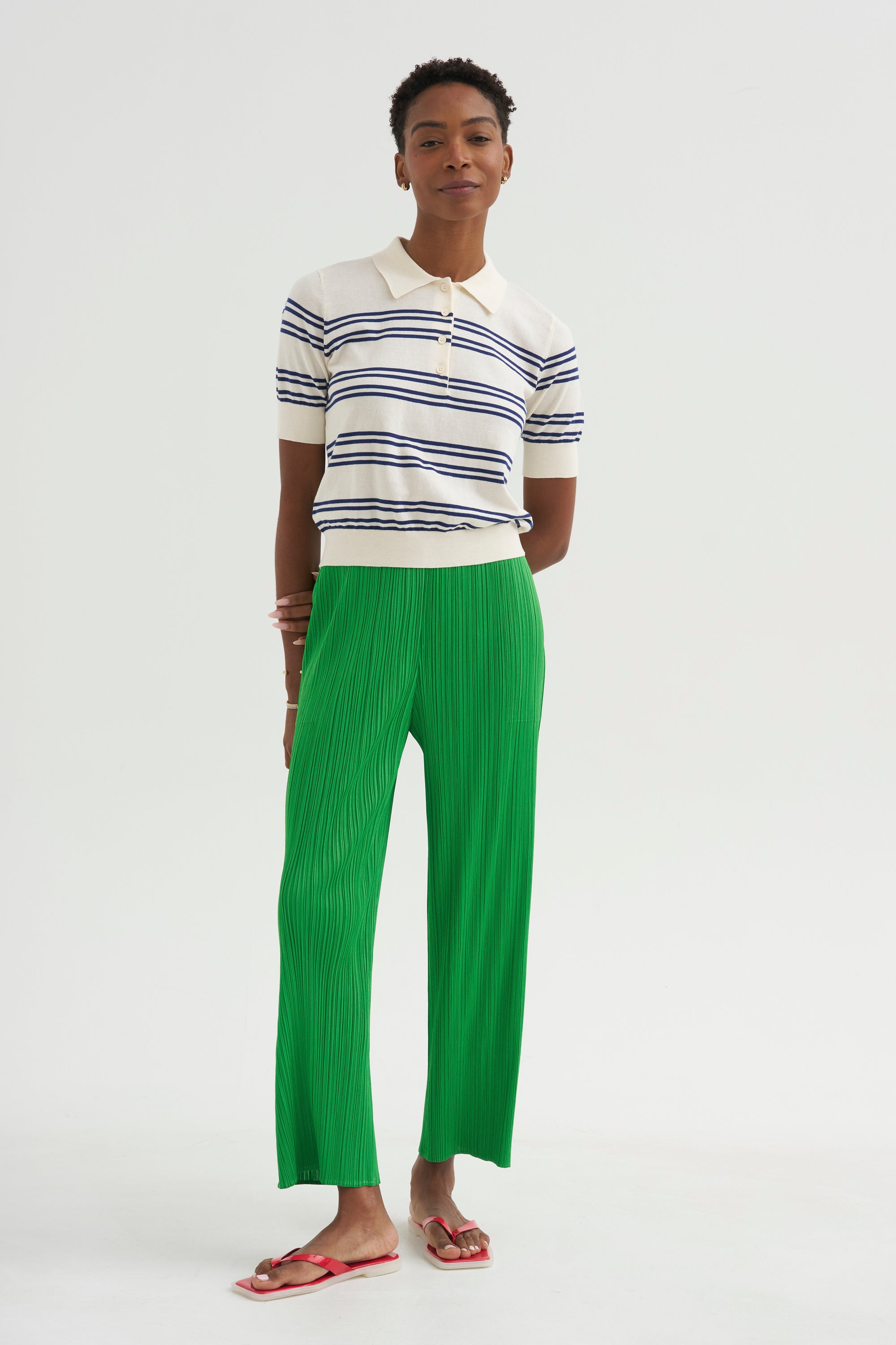 Norah Stripe Cotton Polo Top, Off White &amp; Baltic Blue