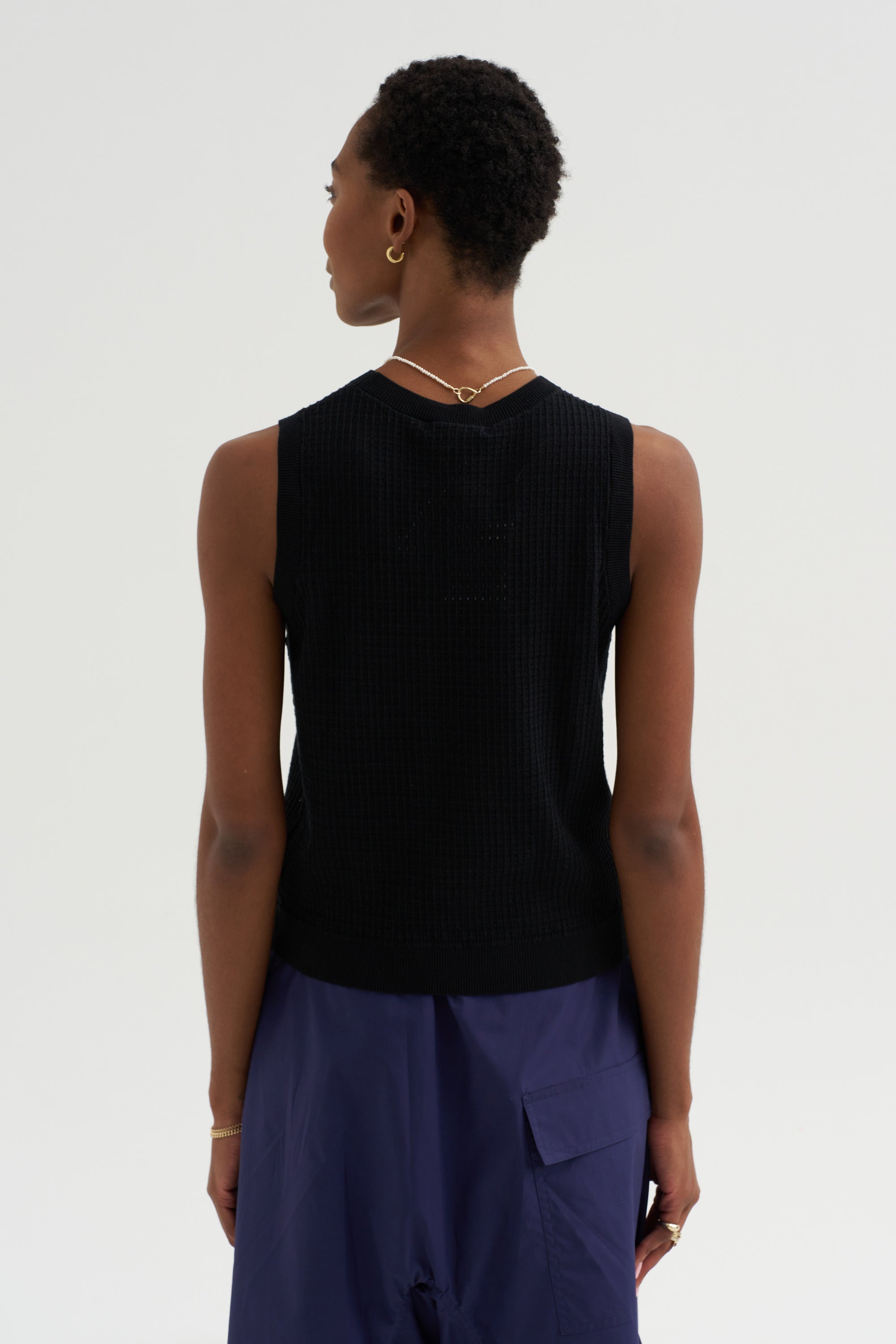 Issa -  Waffle Pointelle Cotton Top, Black