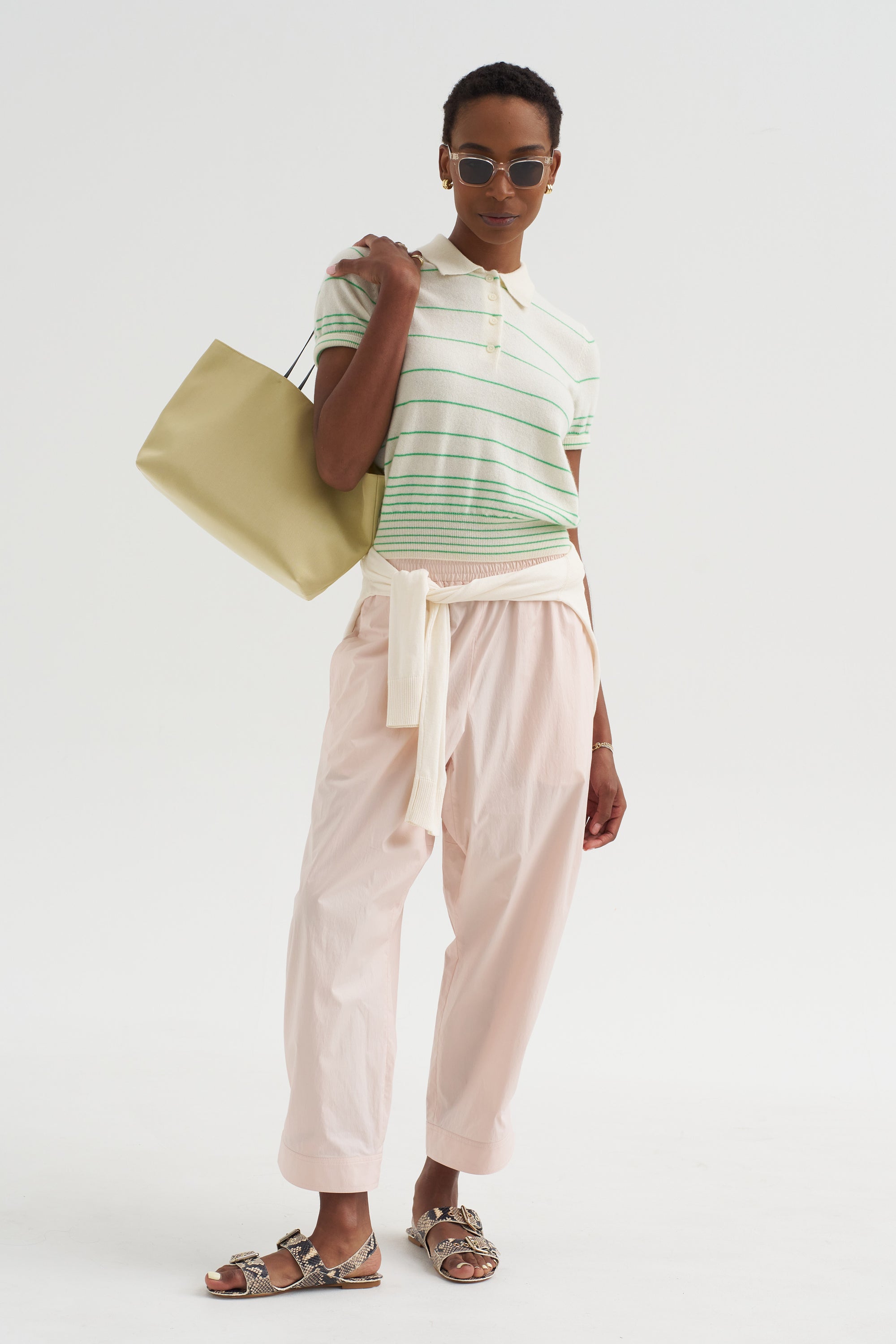 Drew - Stripe Cashmere Polo, Ivory &amp; Verdant