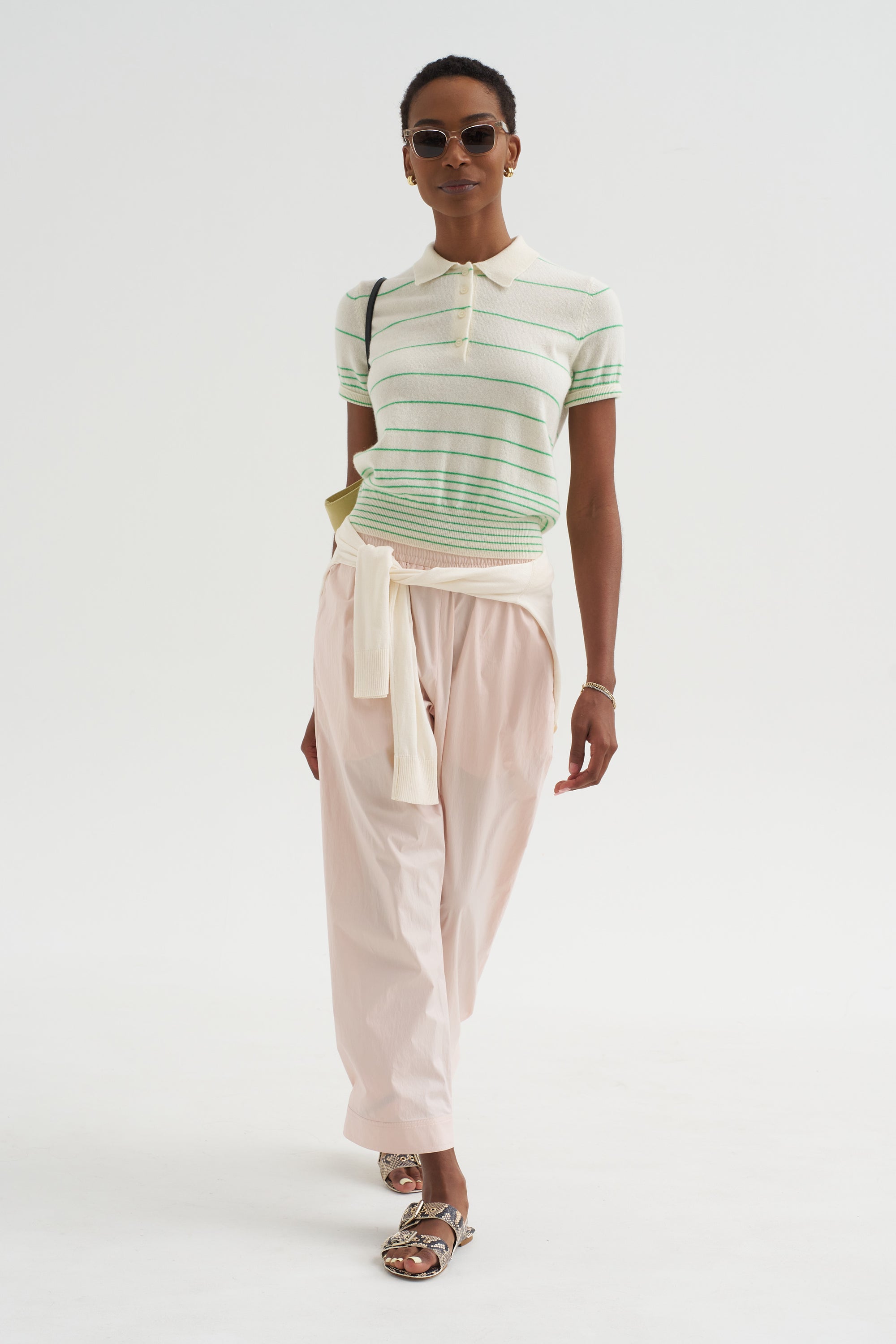 Drew - Stripe Cashmere Polo, Ivory &amp; Verdant