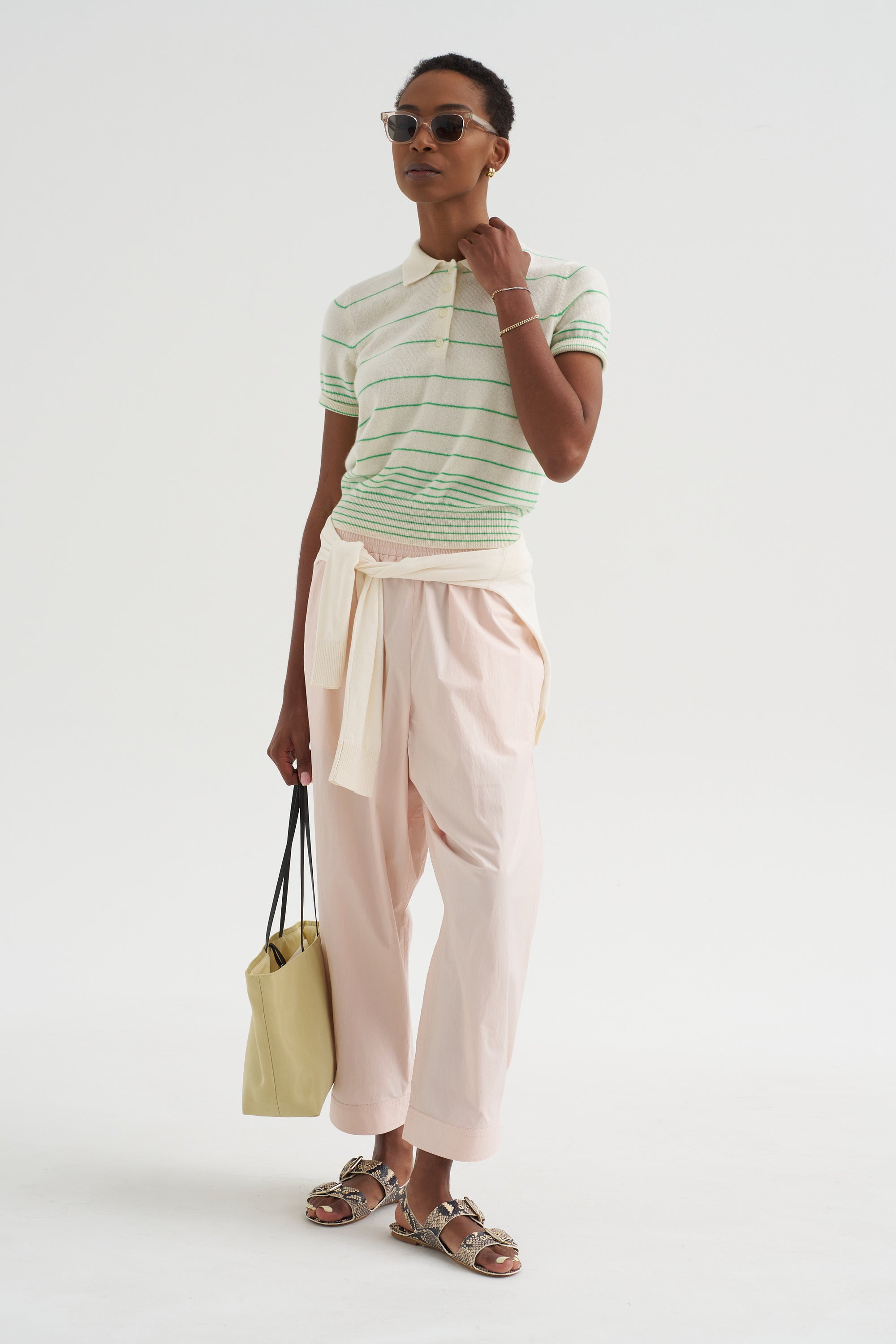 Drew - Stripe Cashmere Polo, Ivory &amp; Verdant