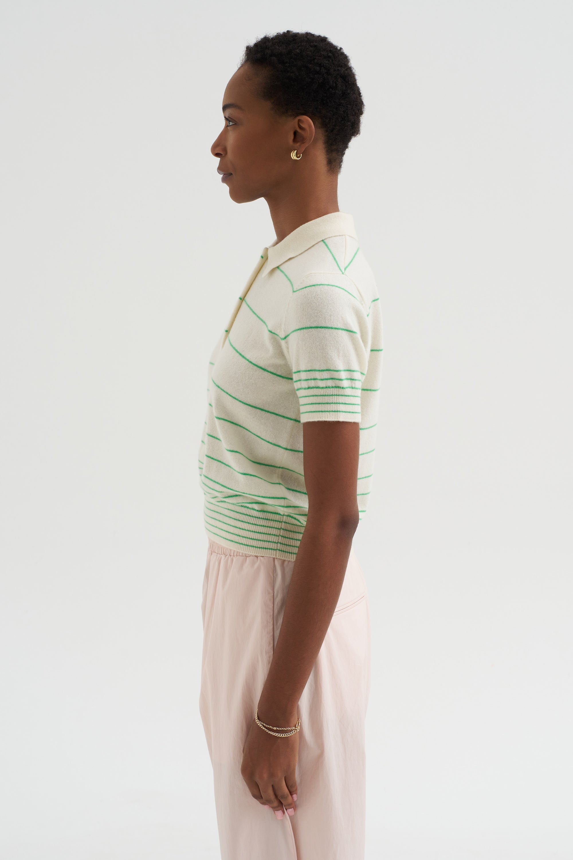 Drew - Stripe Cashmere Polo, Ivory &amp; Verdant