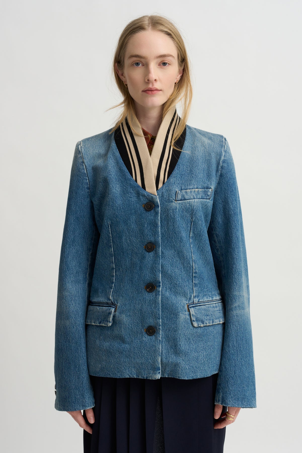 Ribbed Collar Denim Blazer, Blue