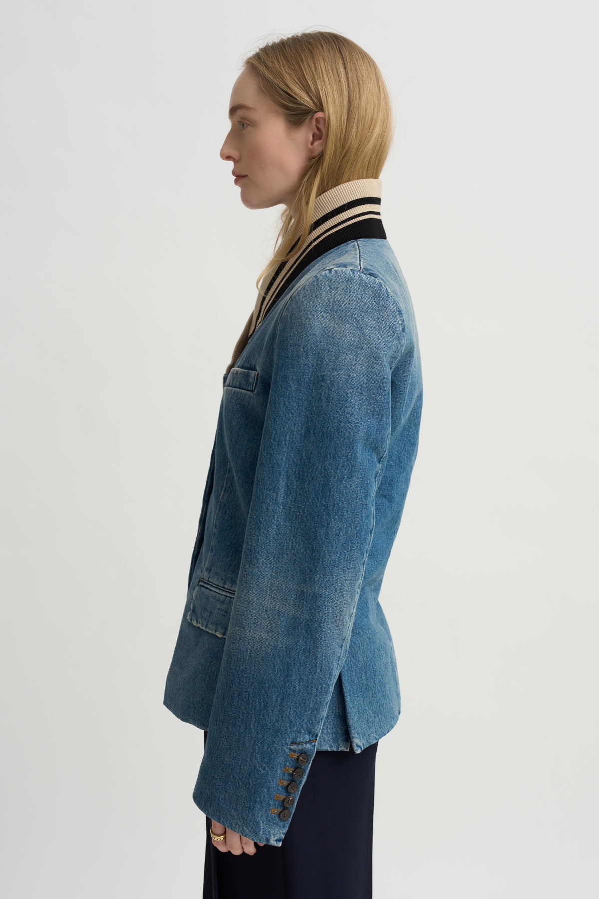 Ribbed Collar Denim Blazer, Blue