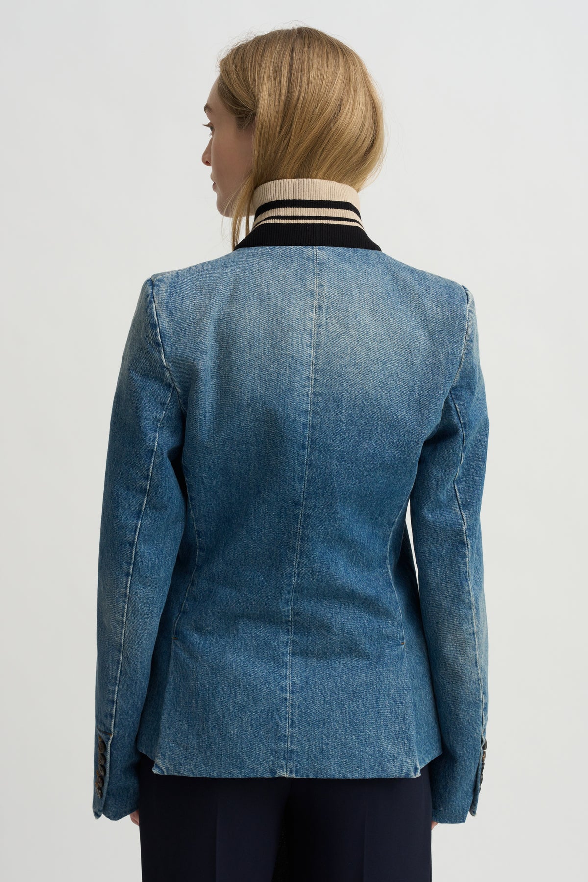 Ribbed Collar Denim Blazer, Blue
