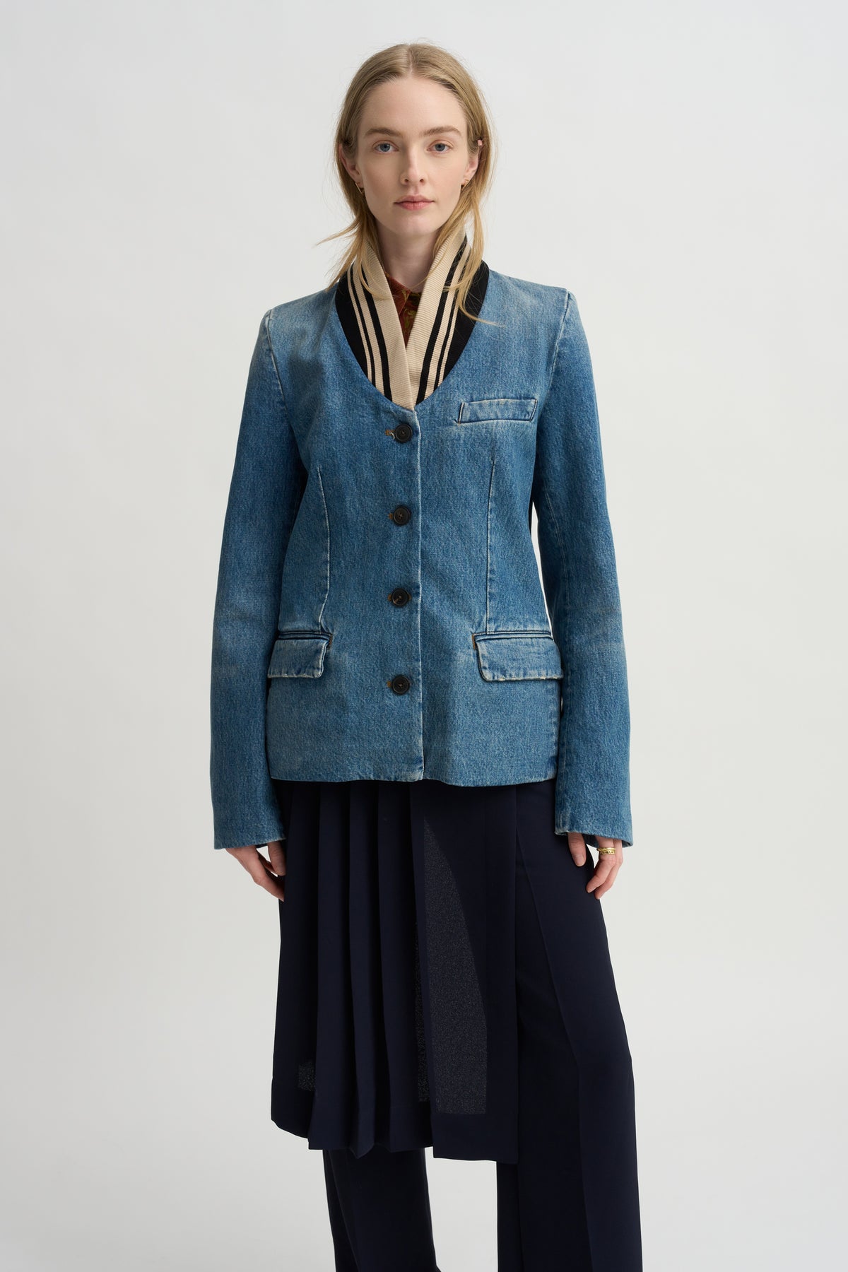 Ribbed Collar Denim Blazer, Blue