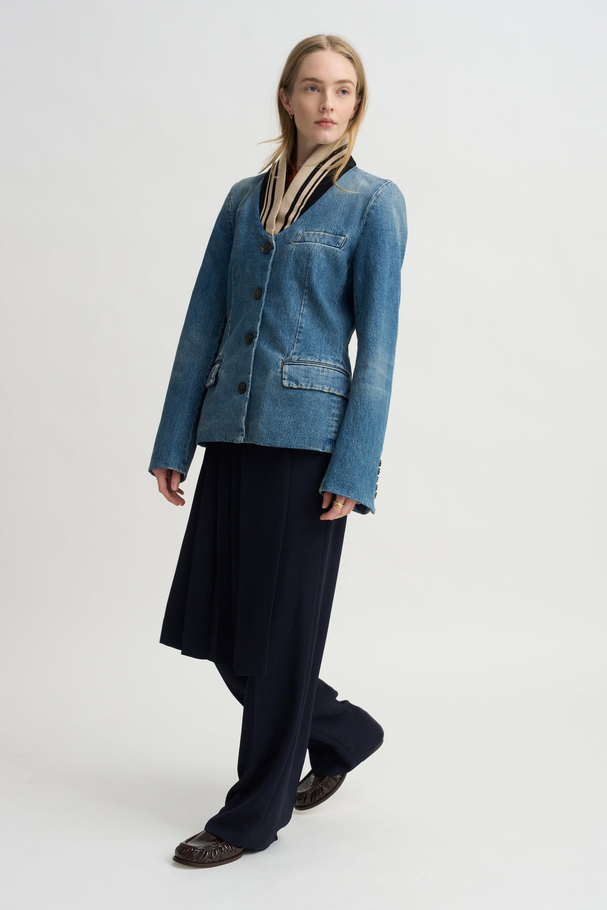 Ribbed Collar Denim Blazer, Blue