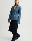Ribbed Collar Denim Blazer, Blue