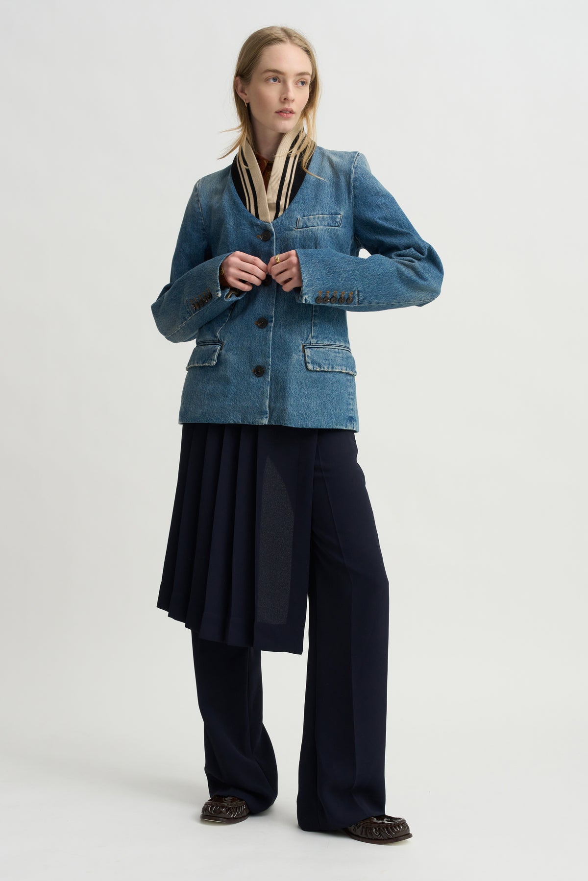 Ribbed Collar Denim Blazer, Blue