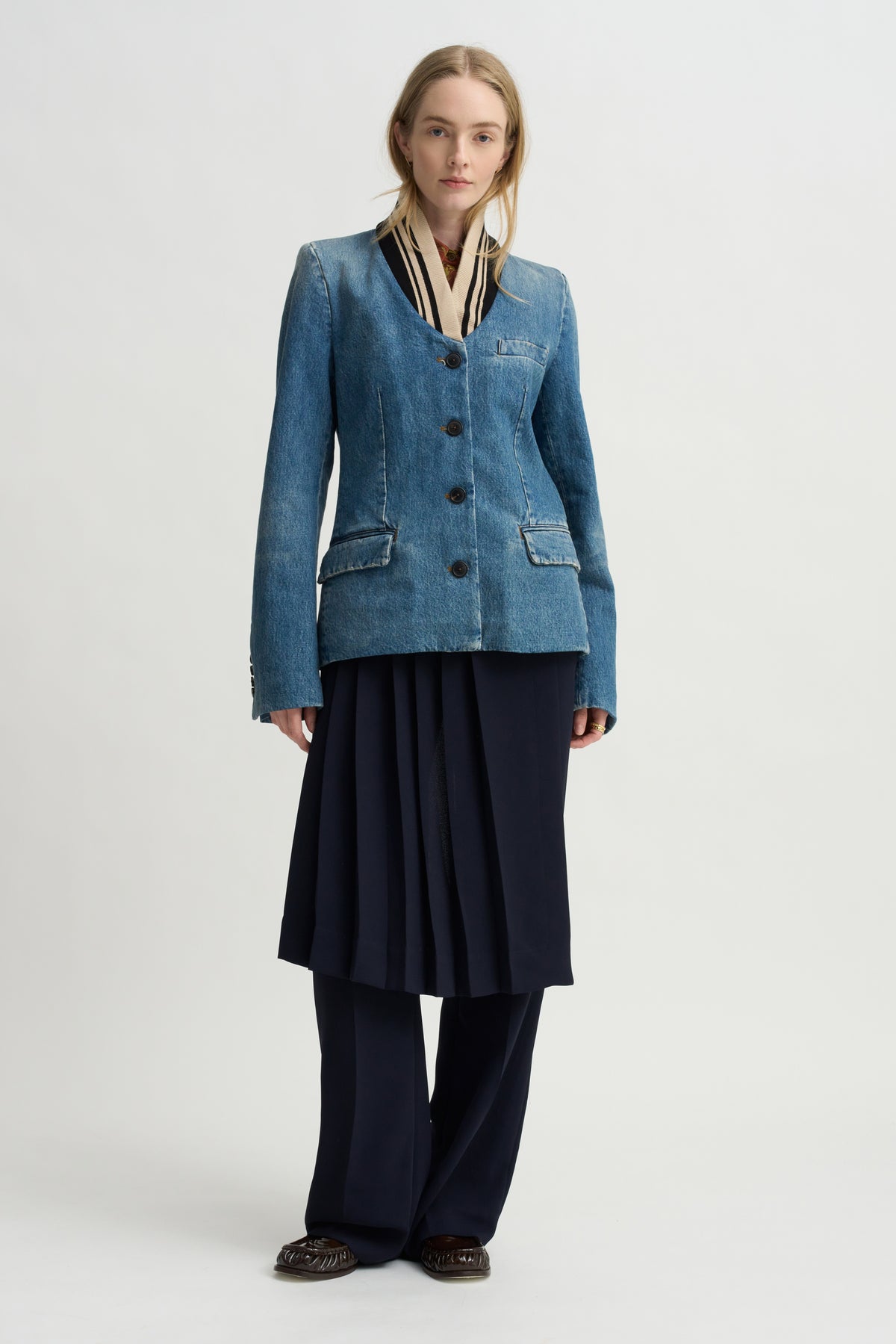 Ribbed Collar Denim Blazer, Blue