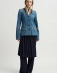 Ribbed Collar Denim Blazer, Blue