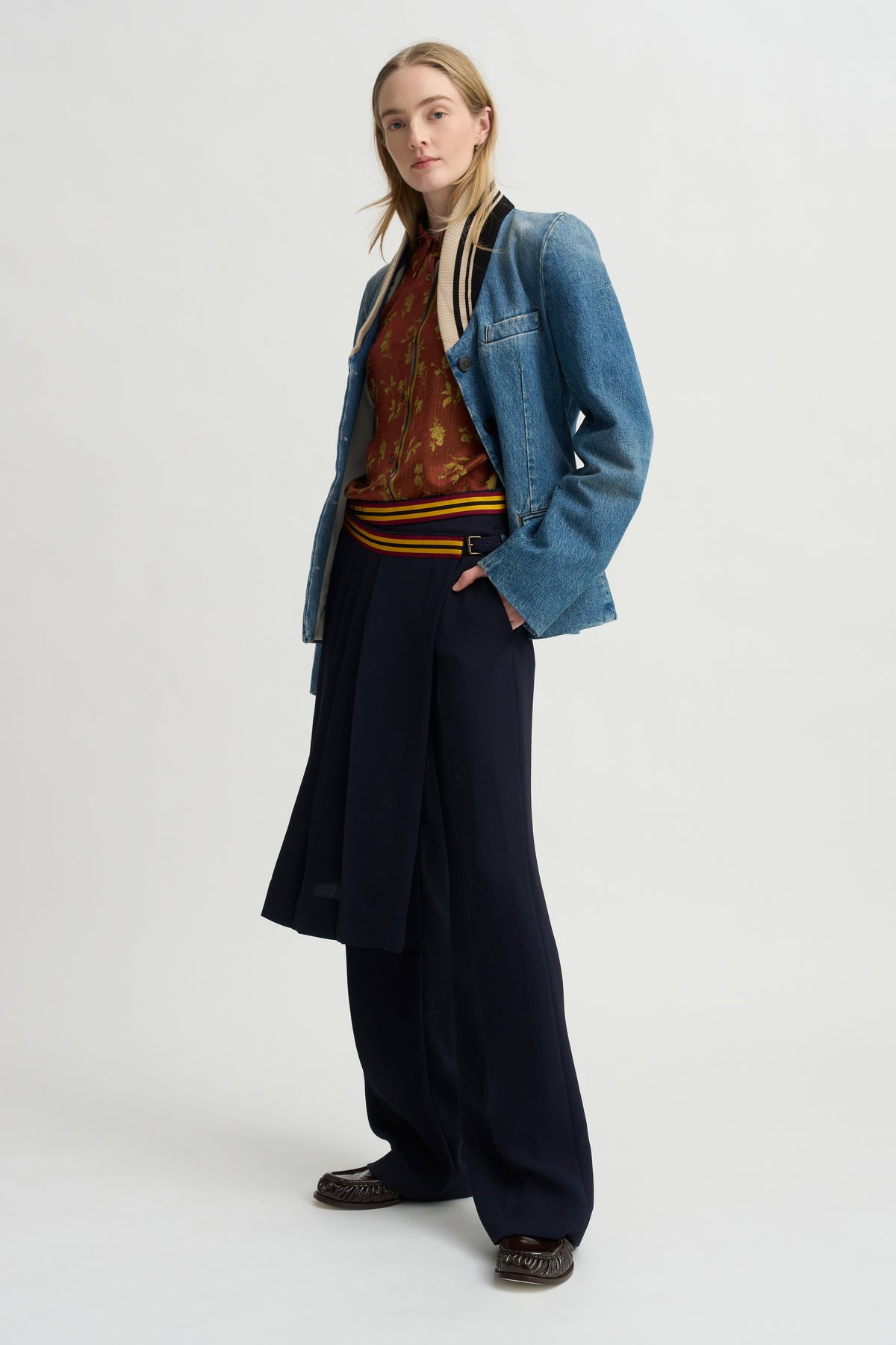 Ribbed Collar Denim Blazer, Blue