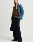 Ribbed Collar Denim Blazer, Blue