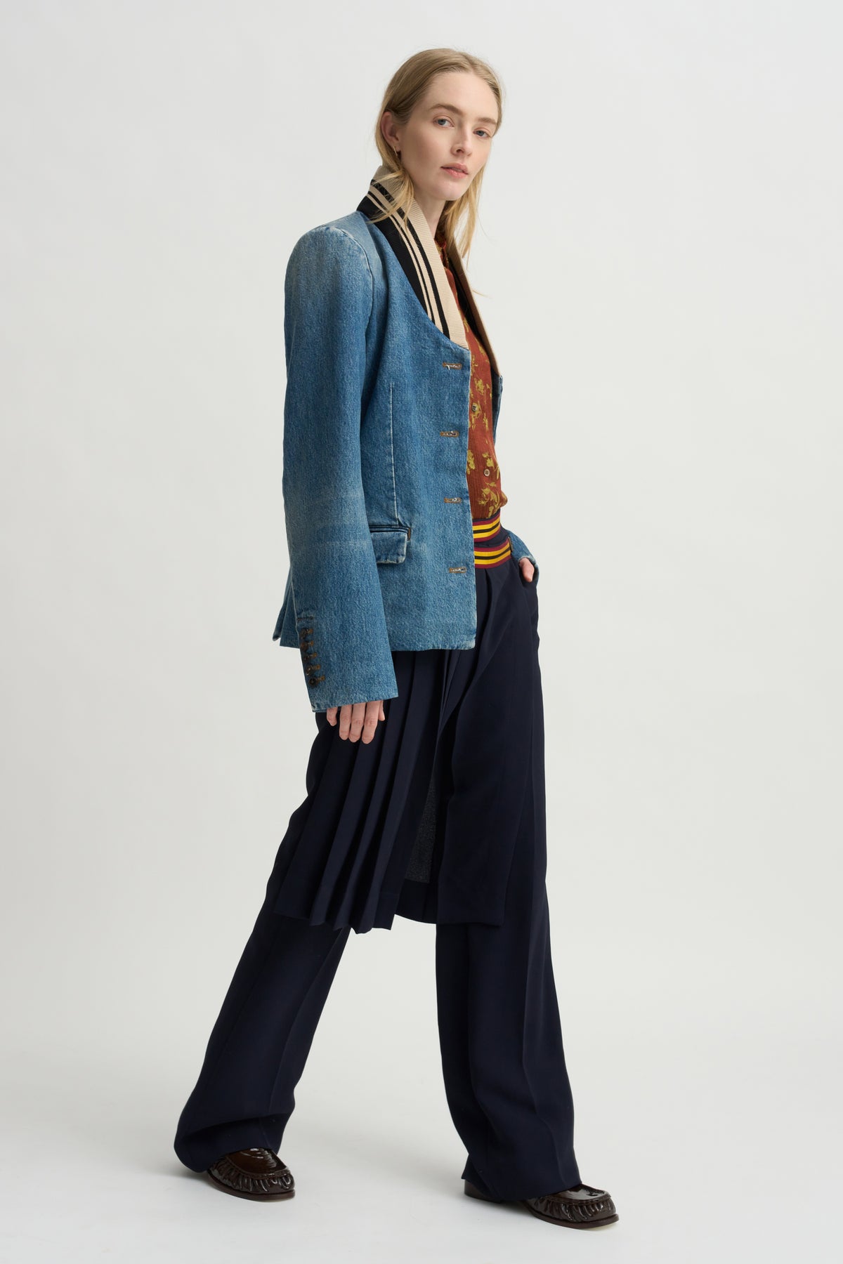 Ribbed Collar Denim Blazer, Blue