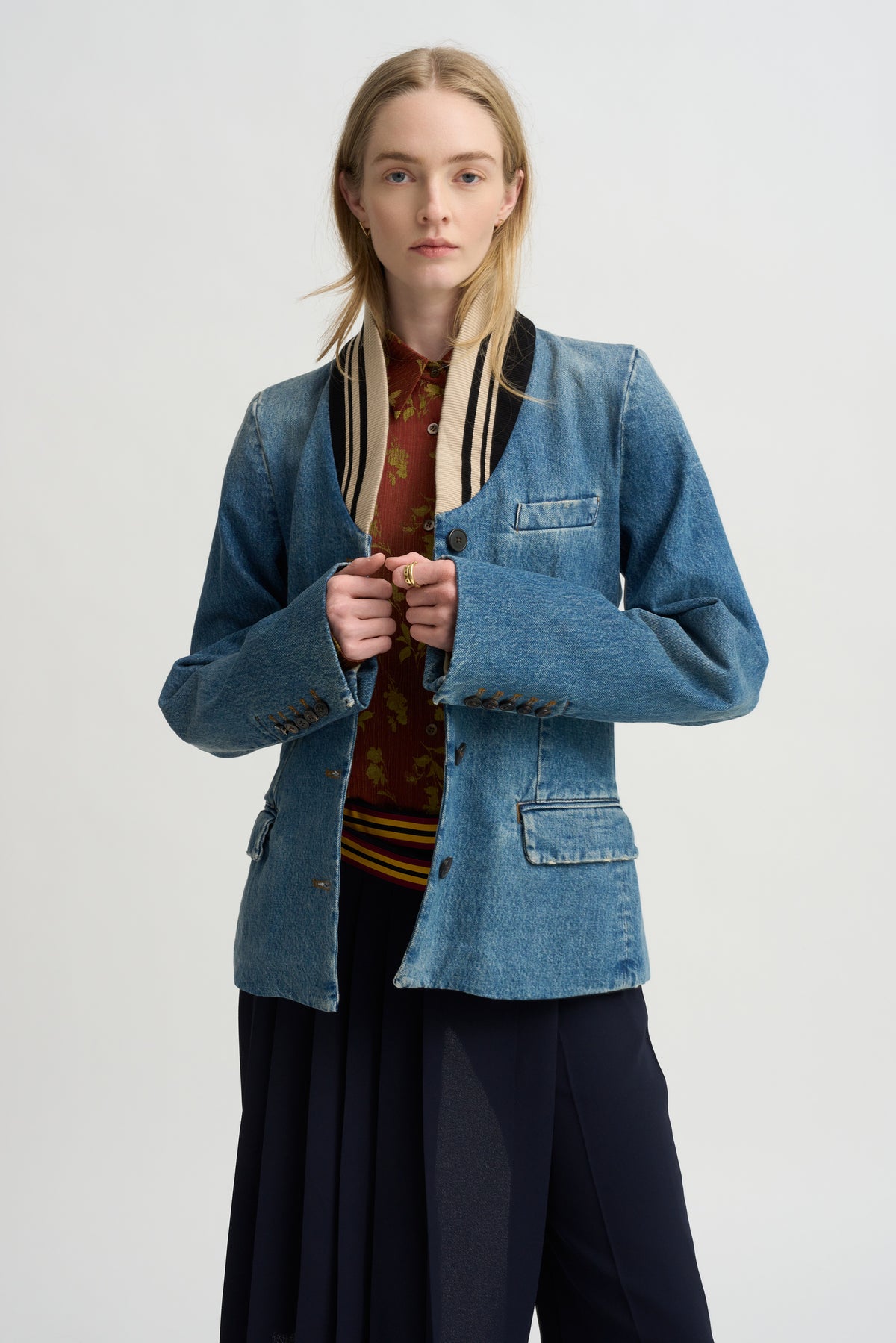 Ribbed Collar Denim Blazer, Blue