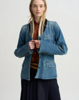Ribbed Collar Denim Blazer, Blue