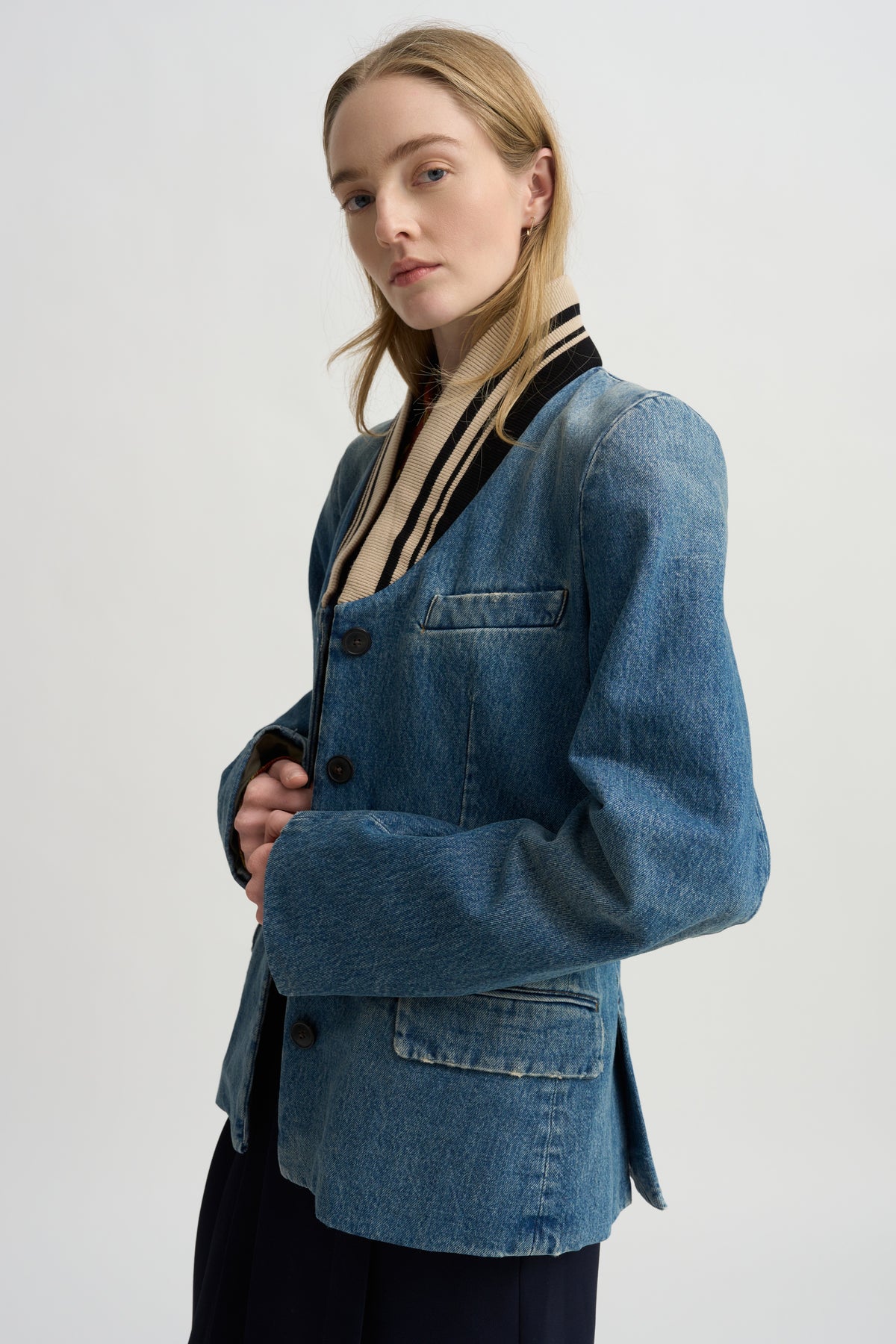 Ribbed Collar Denim Blazer, Blue