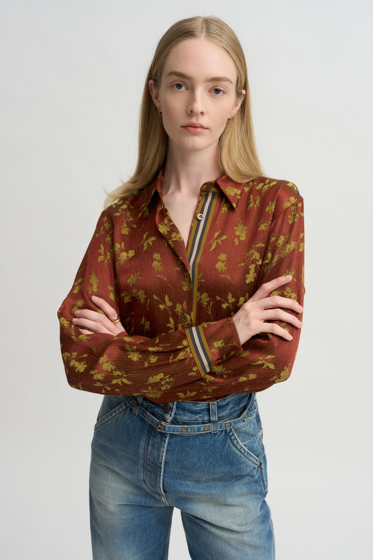Floral Jacquard &amp; Grosgrain Shirt, Rust