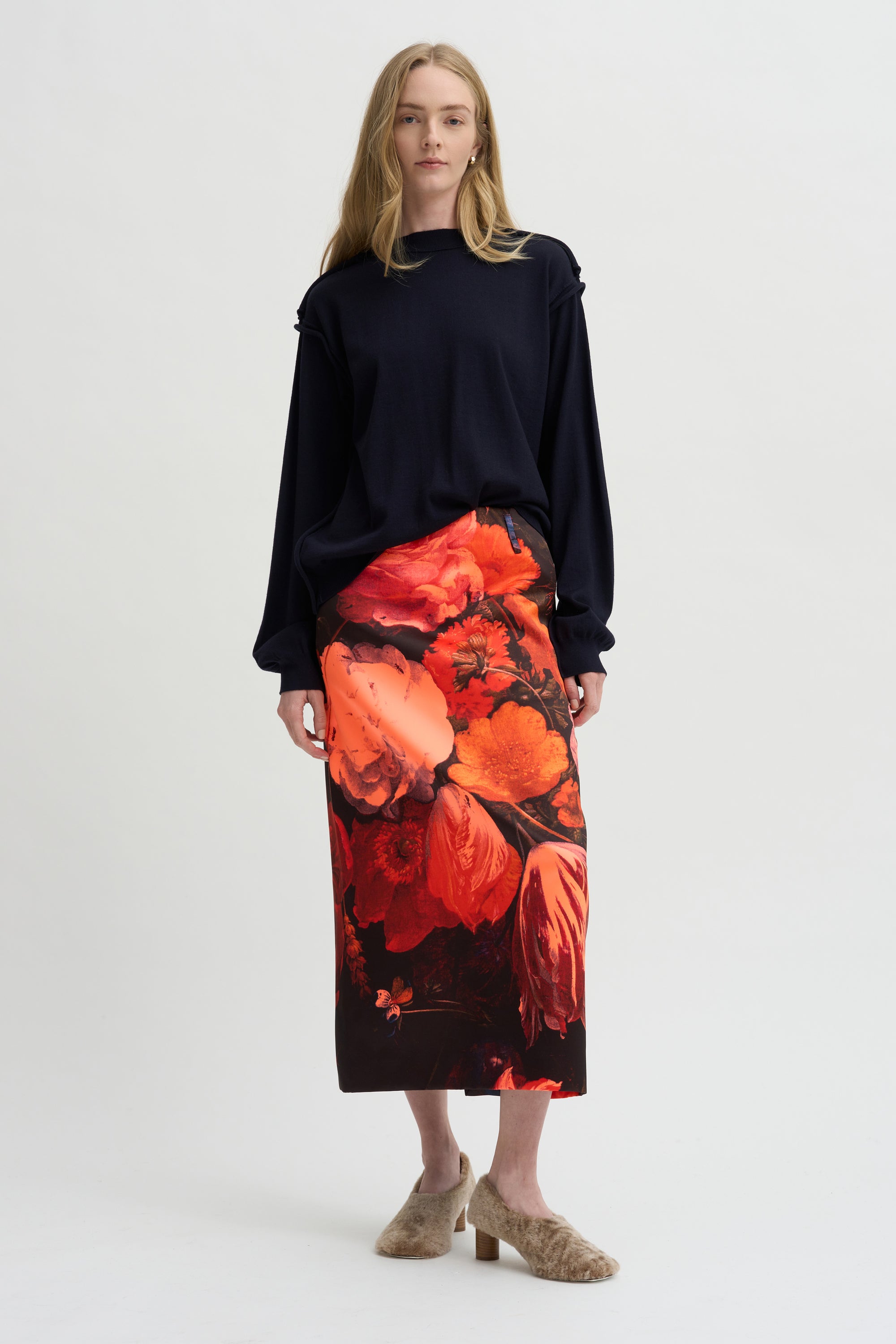 Printed Floral Skirt, Neon Orange