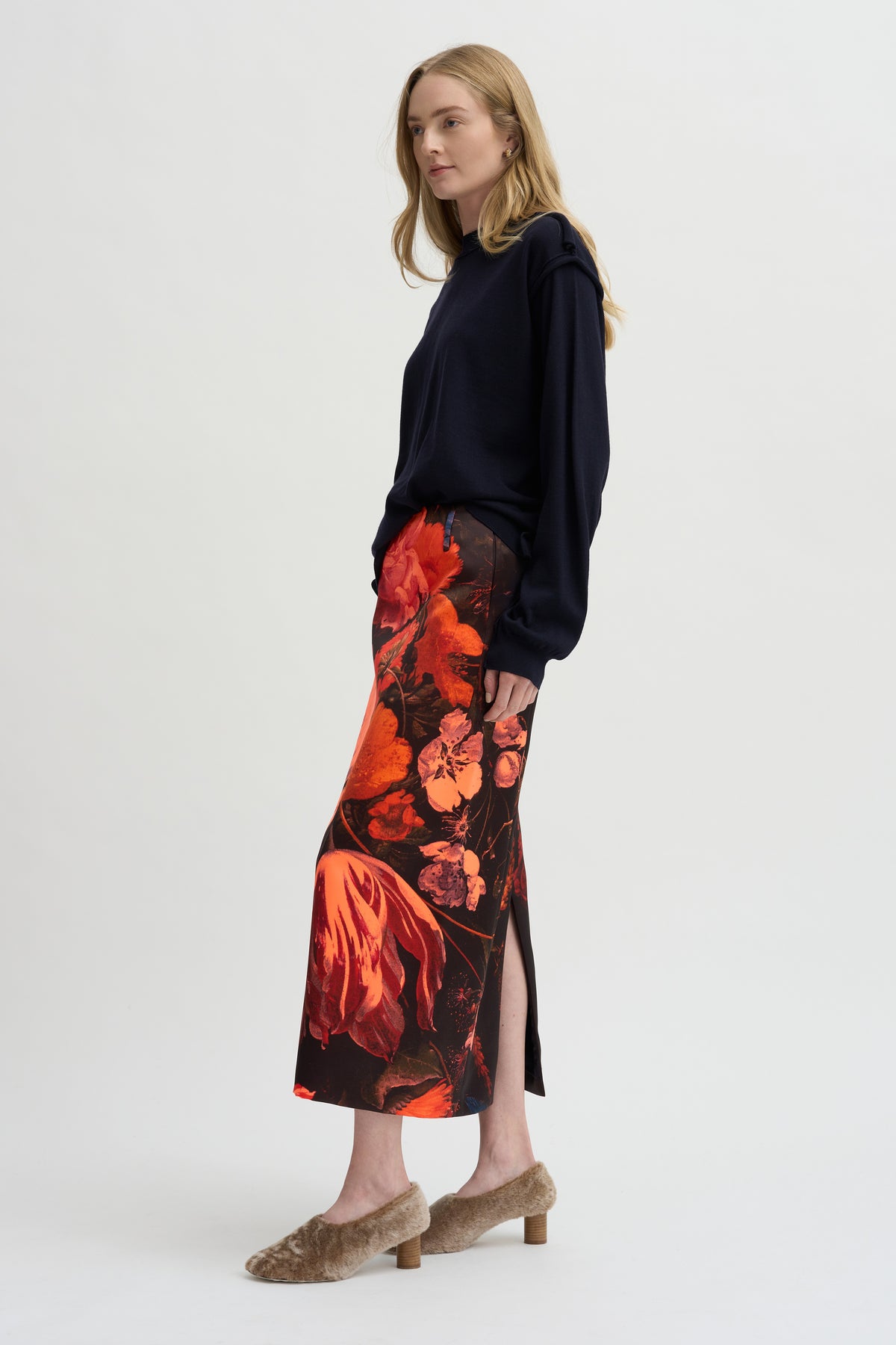 Printed Floral Skirt, Neon Orange