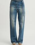 Thin Belted Denim Pants, Blue