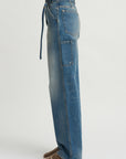 Thin Belted Denim Pants, Blue