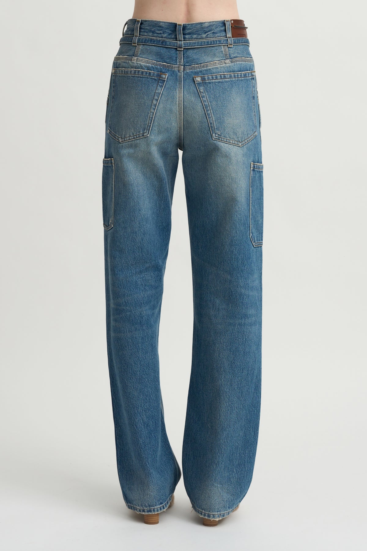 Thin Belted Denim Pants, Blue