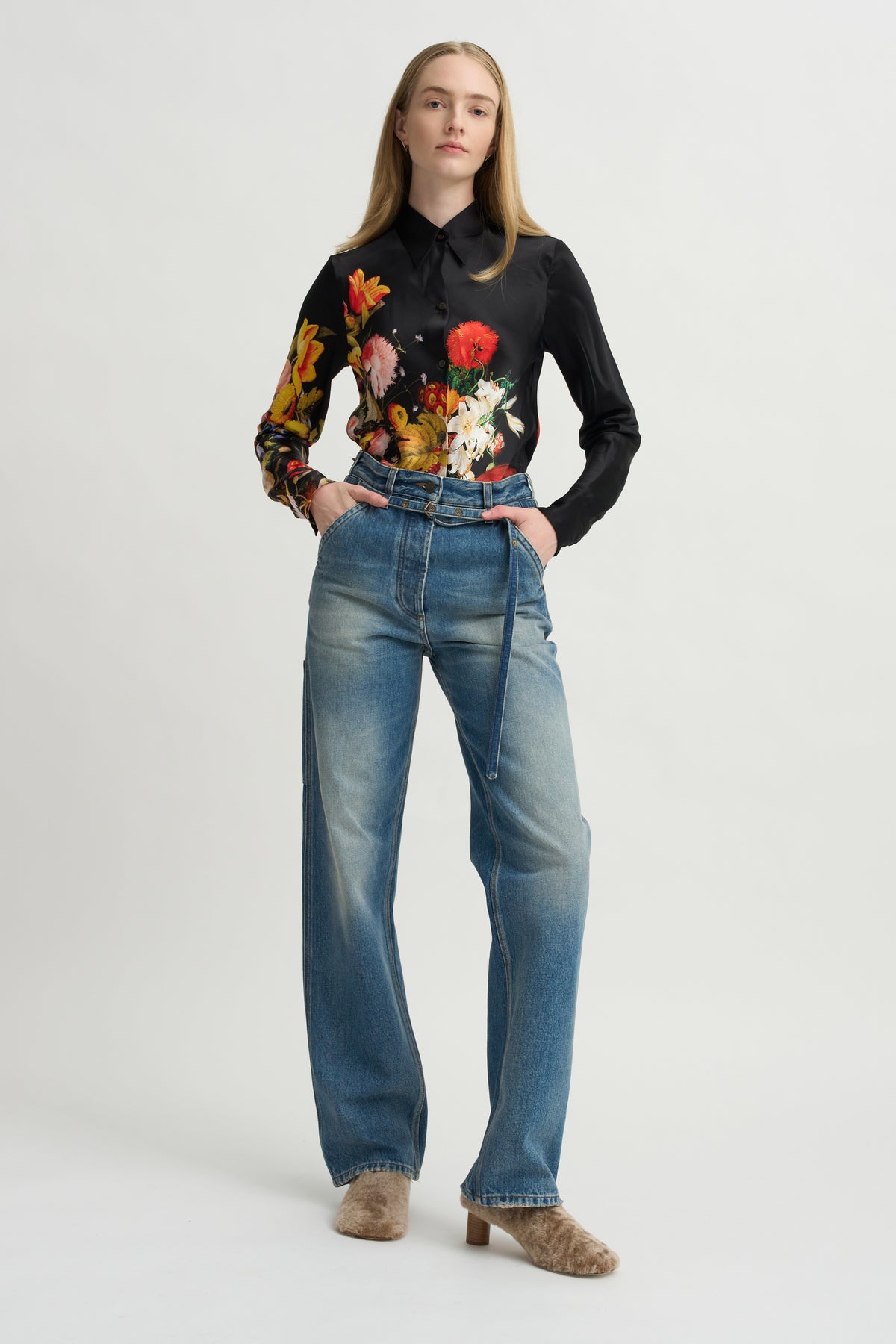 Thin Belted Denim Pants, Blue