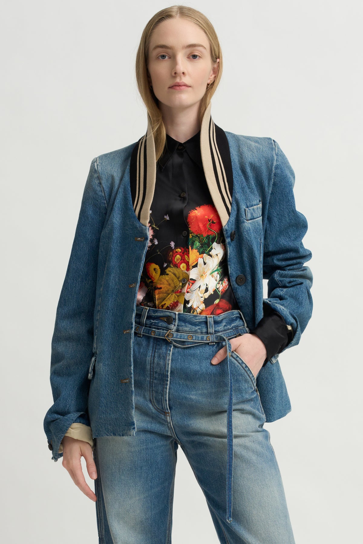 Thin Belted Denim Pants, Blue