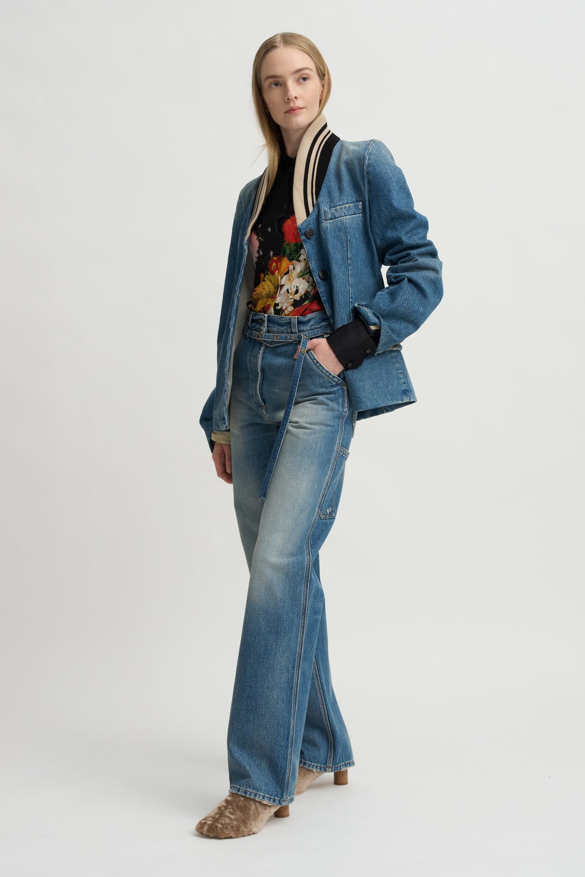Thin Belted Denim Pants, Blue