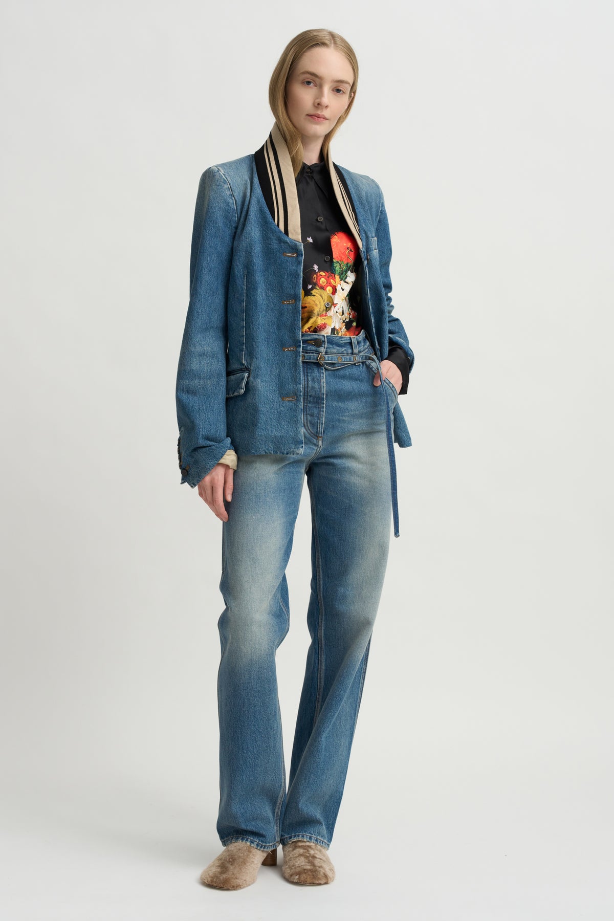 Thin Belted Denim Pants, Blue