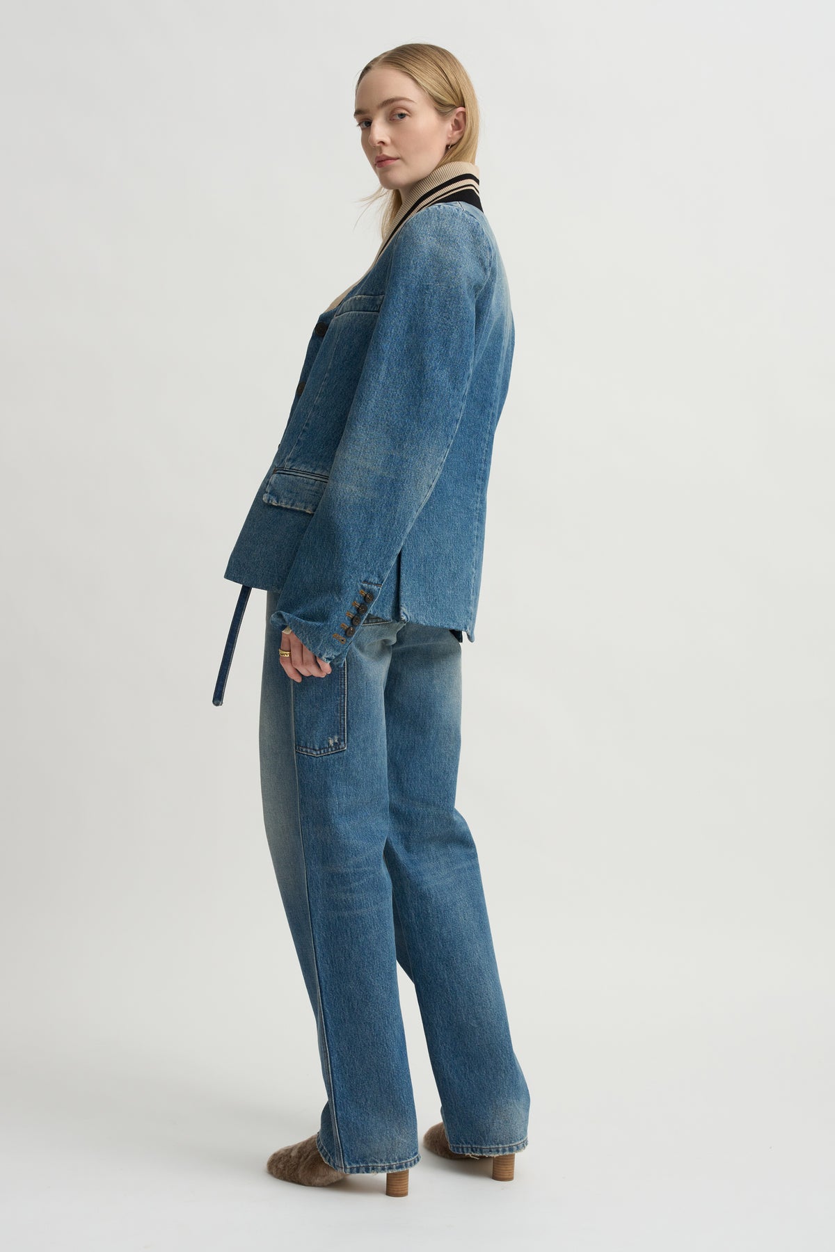 Thin Belted Denim Pants, Blue