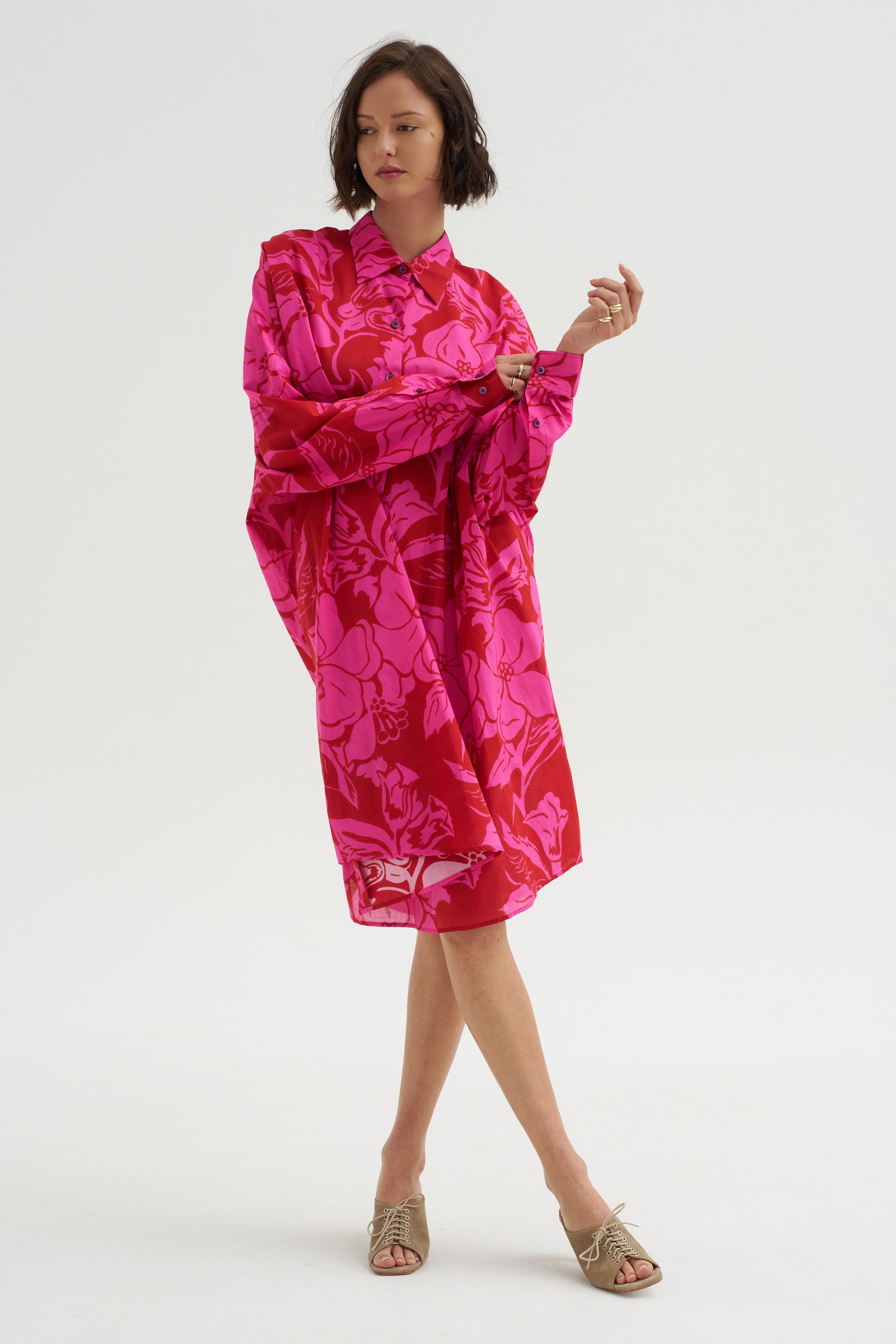 Hawaiian Floral Print Dress, Fuchsia Kick Pleat Hawaiian Floral Print Dress, Fuchsia Kick Pleat