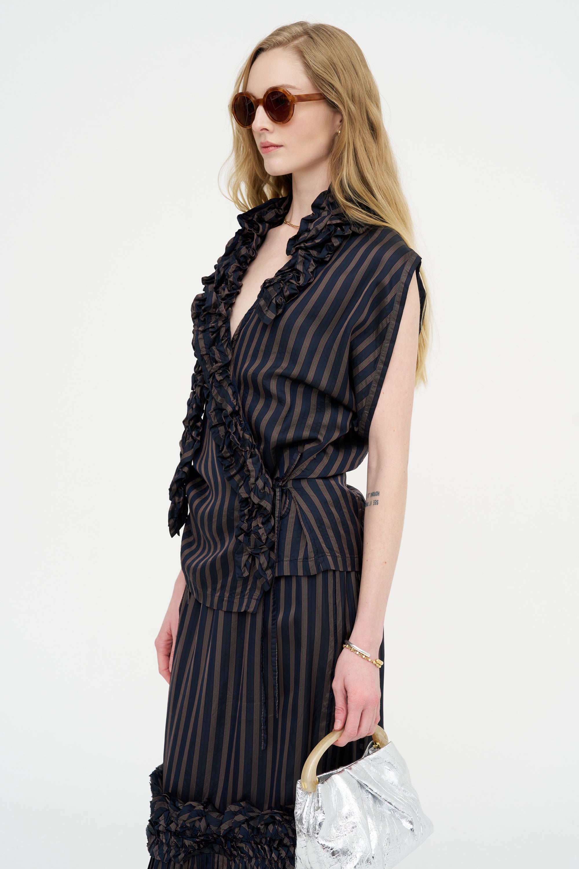 Stripe Wrap Blouse, Navy