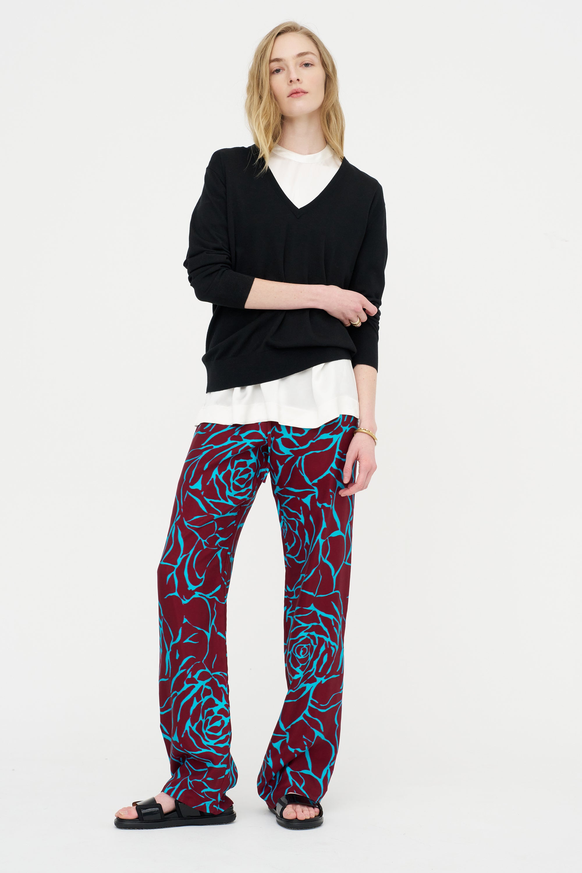 Archive Rose Print Pants, Burgundy