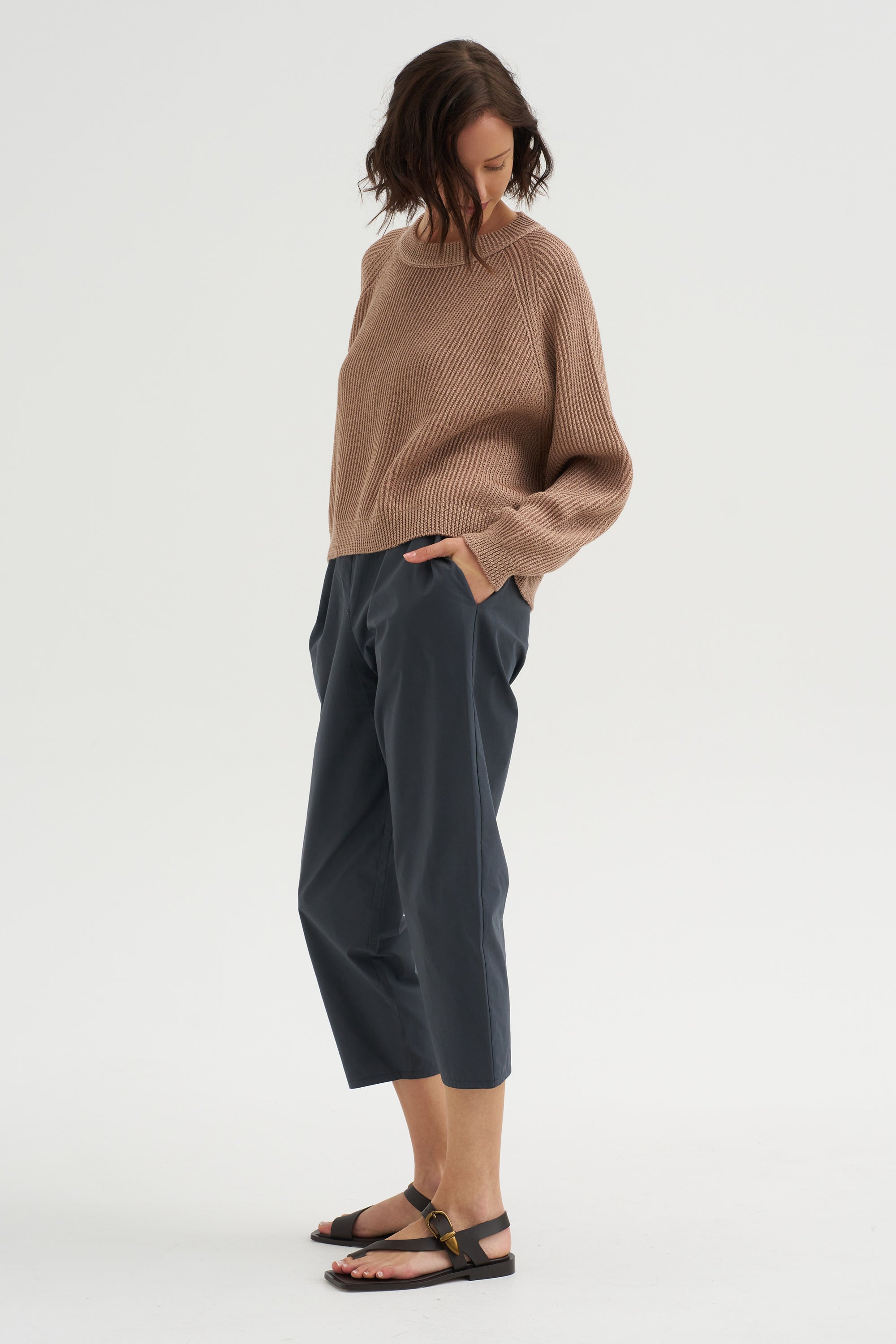 Crew Neck Ribbed Raglan Sweater