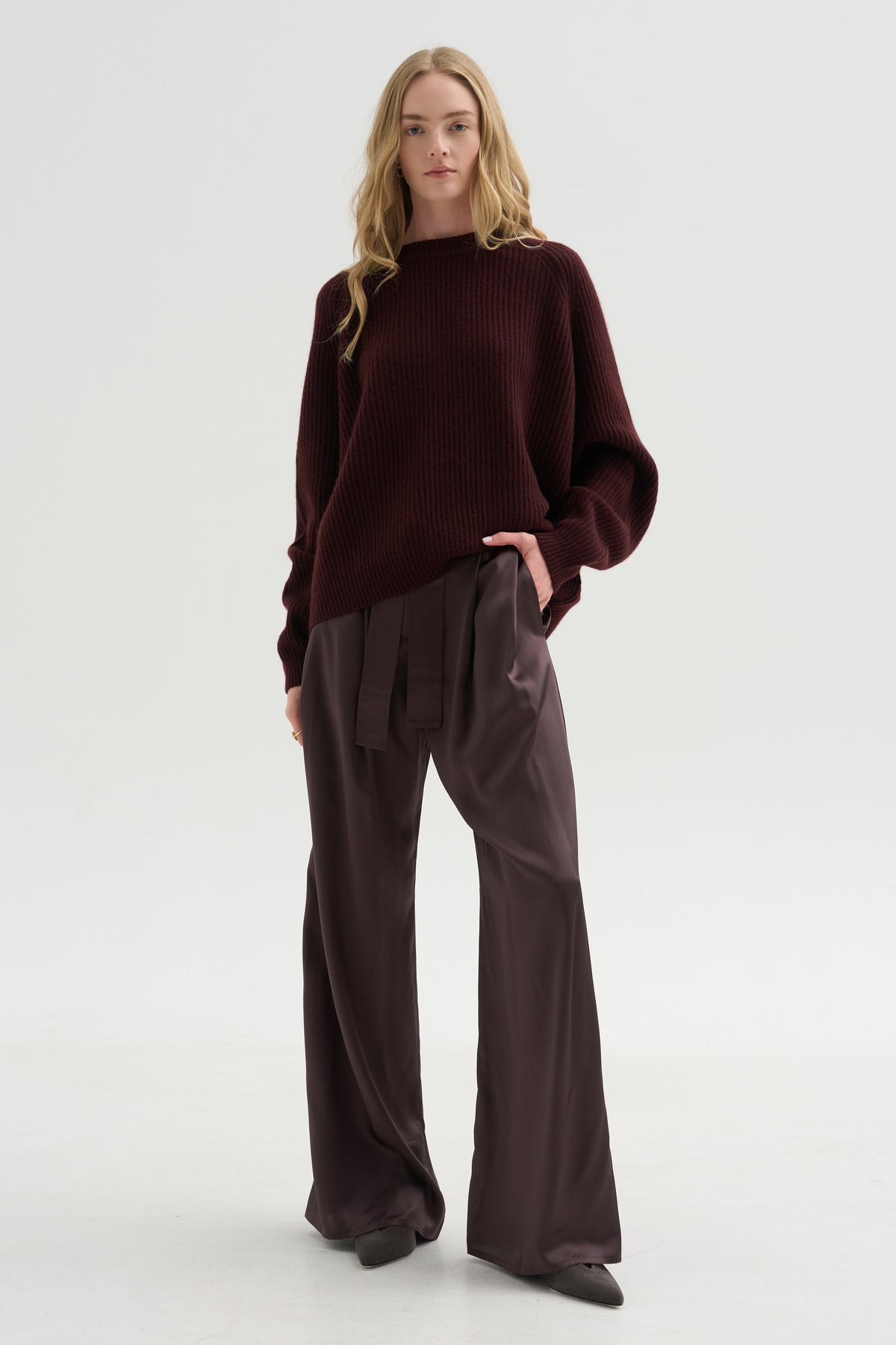 Wide Leg Pants with Belt, Black Wood