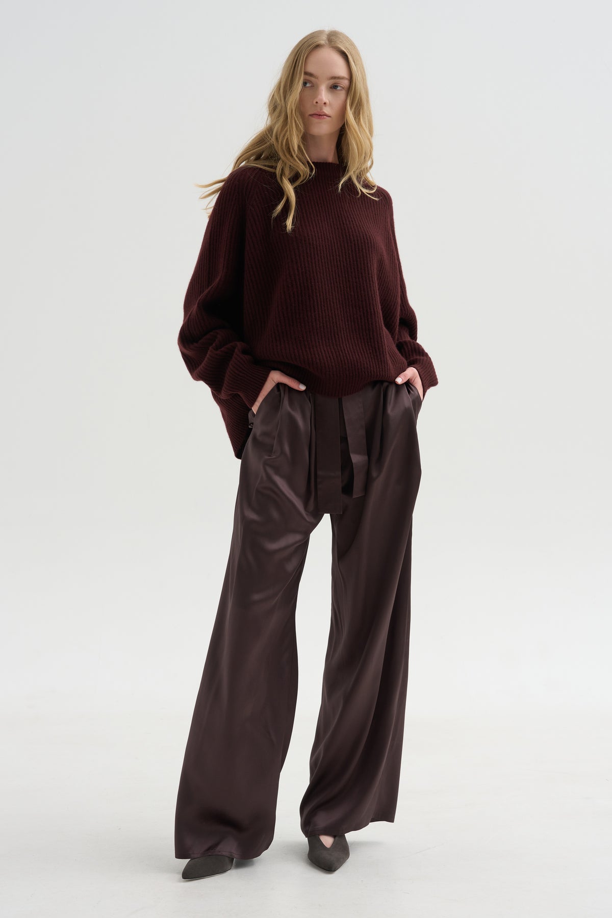 Wide Leg Pants with Belt, Black Wood