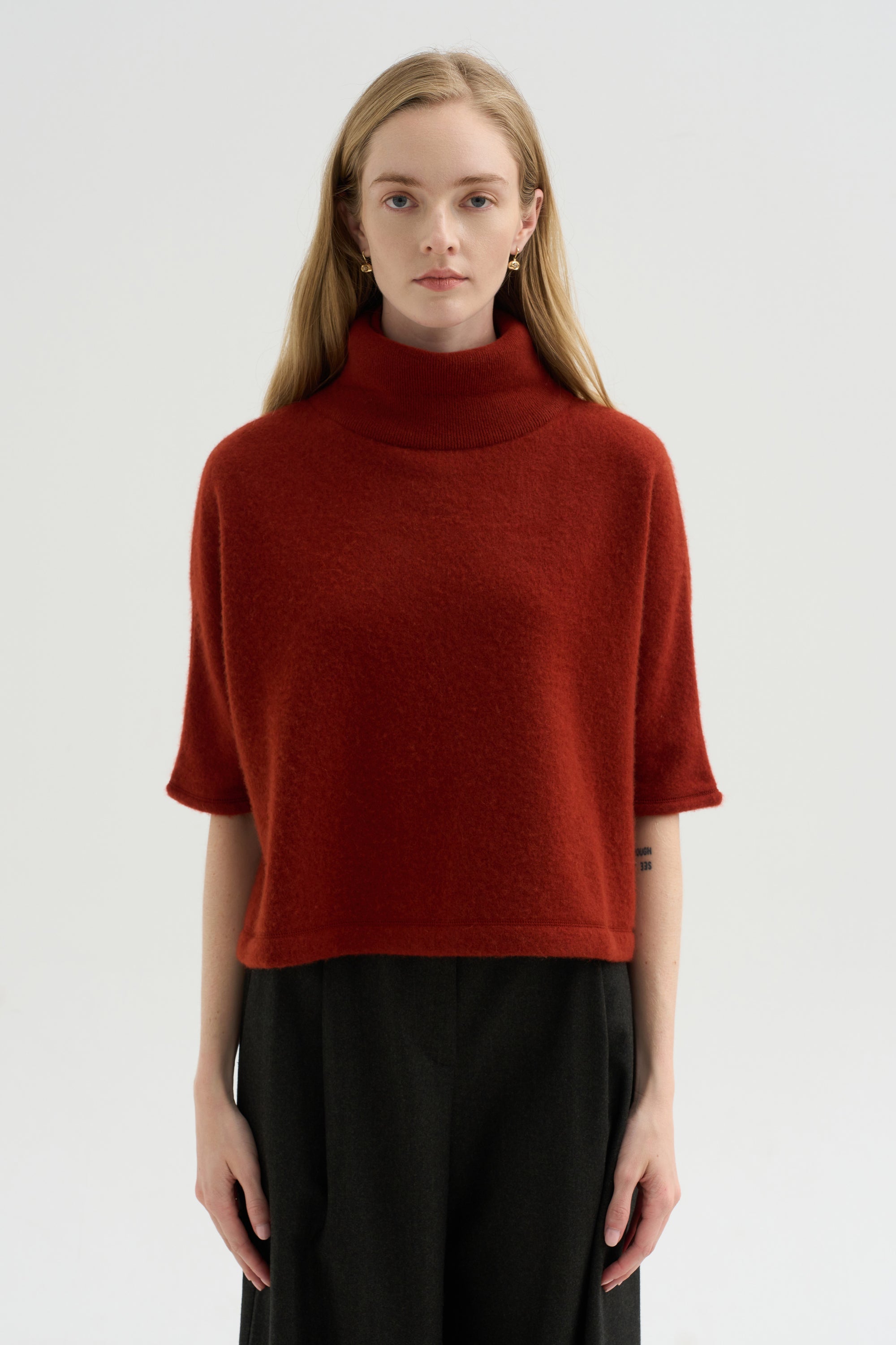 High Neck Short Sleeve Knit Top, Saffron