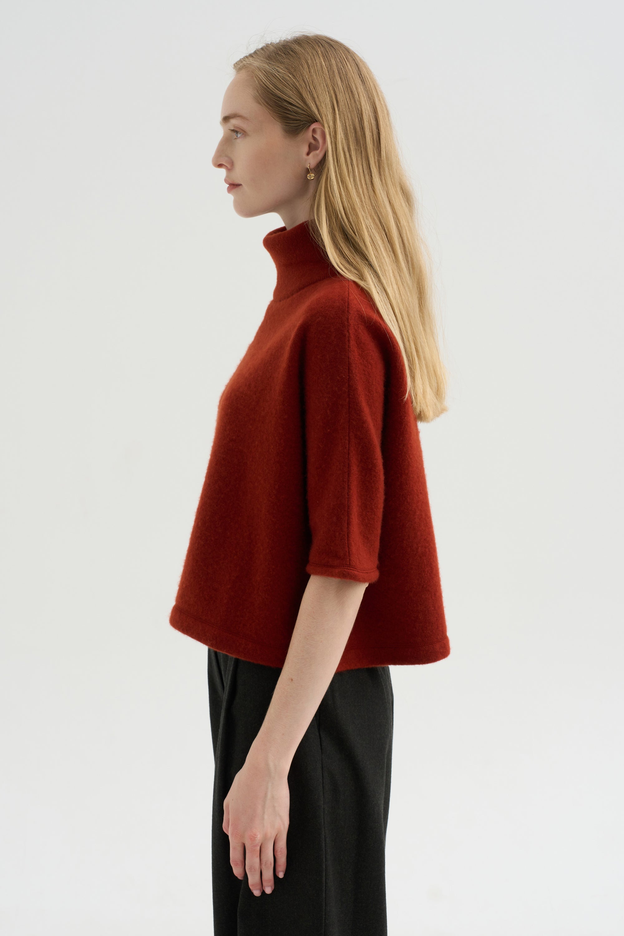 High Neck Short Sleeve Knit Top, Saffron