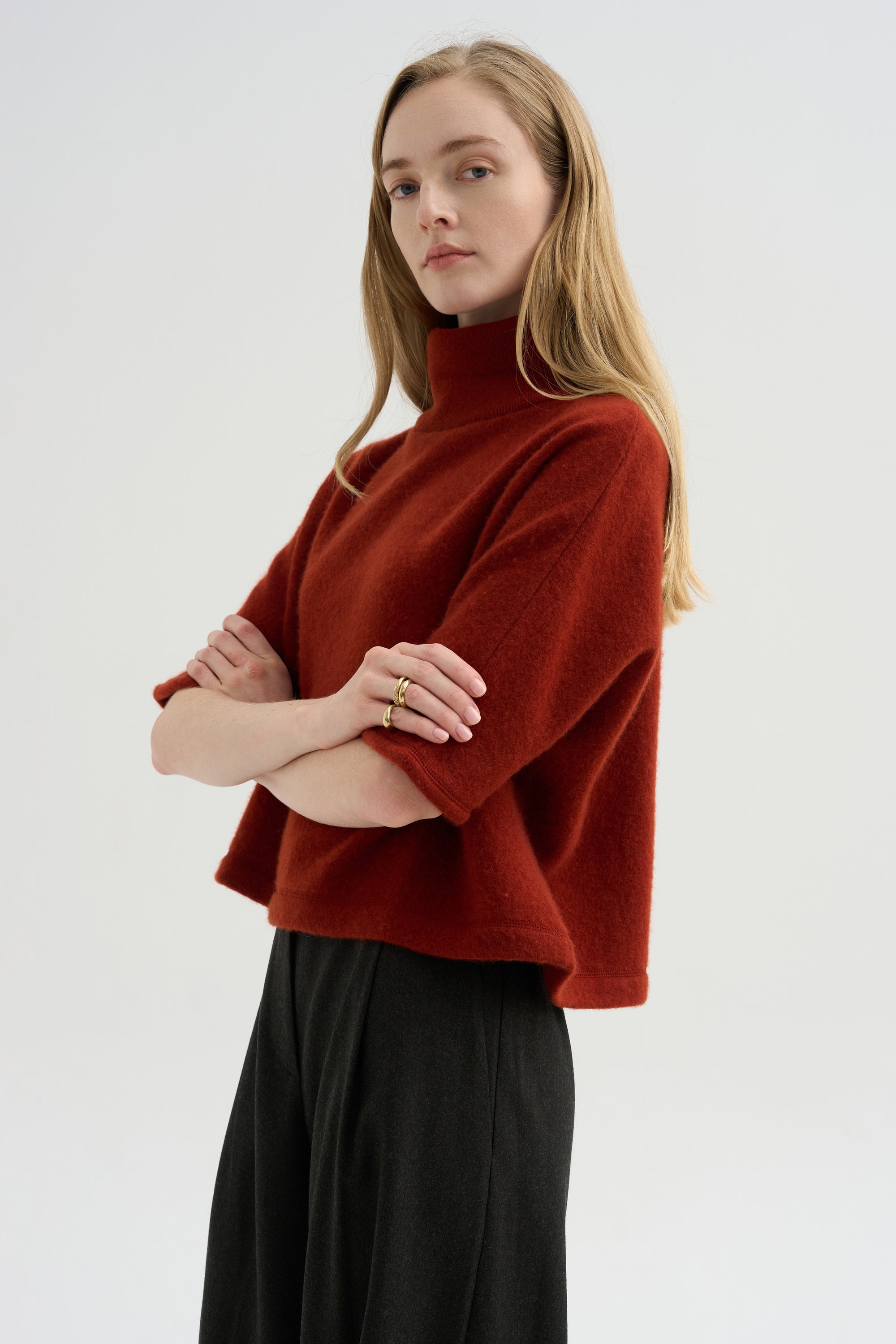 High Neck Short Sleeve Knit Top, Saffron