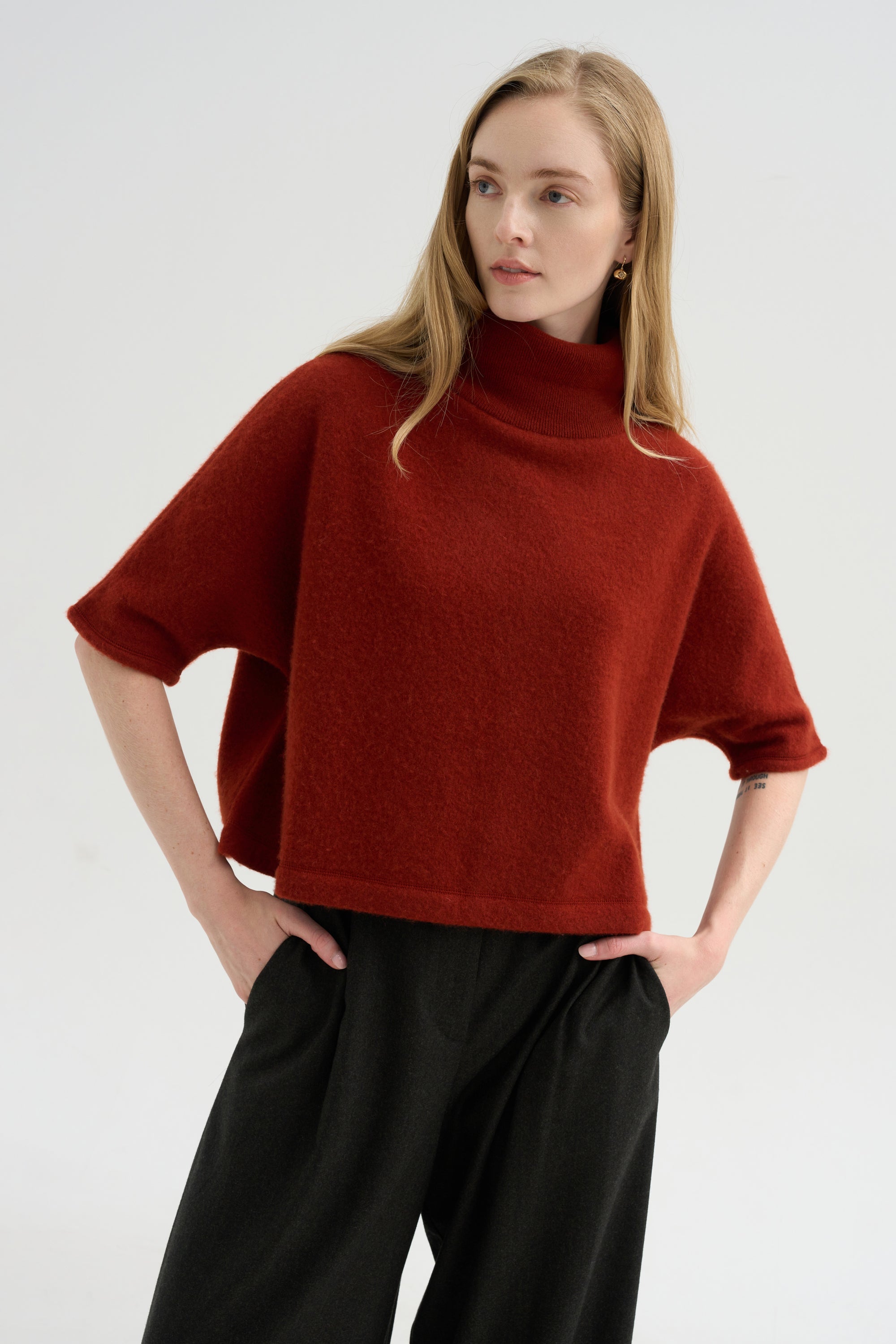 High Neck Short Sleeve Knit Top, Saffron