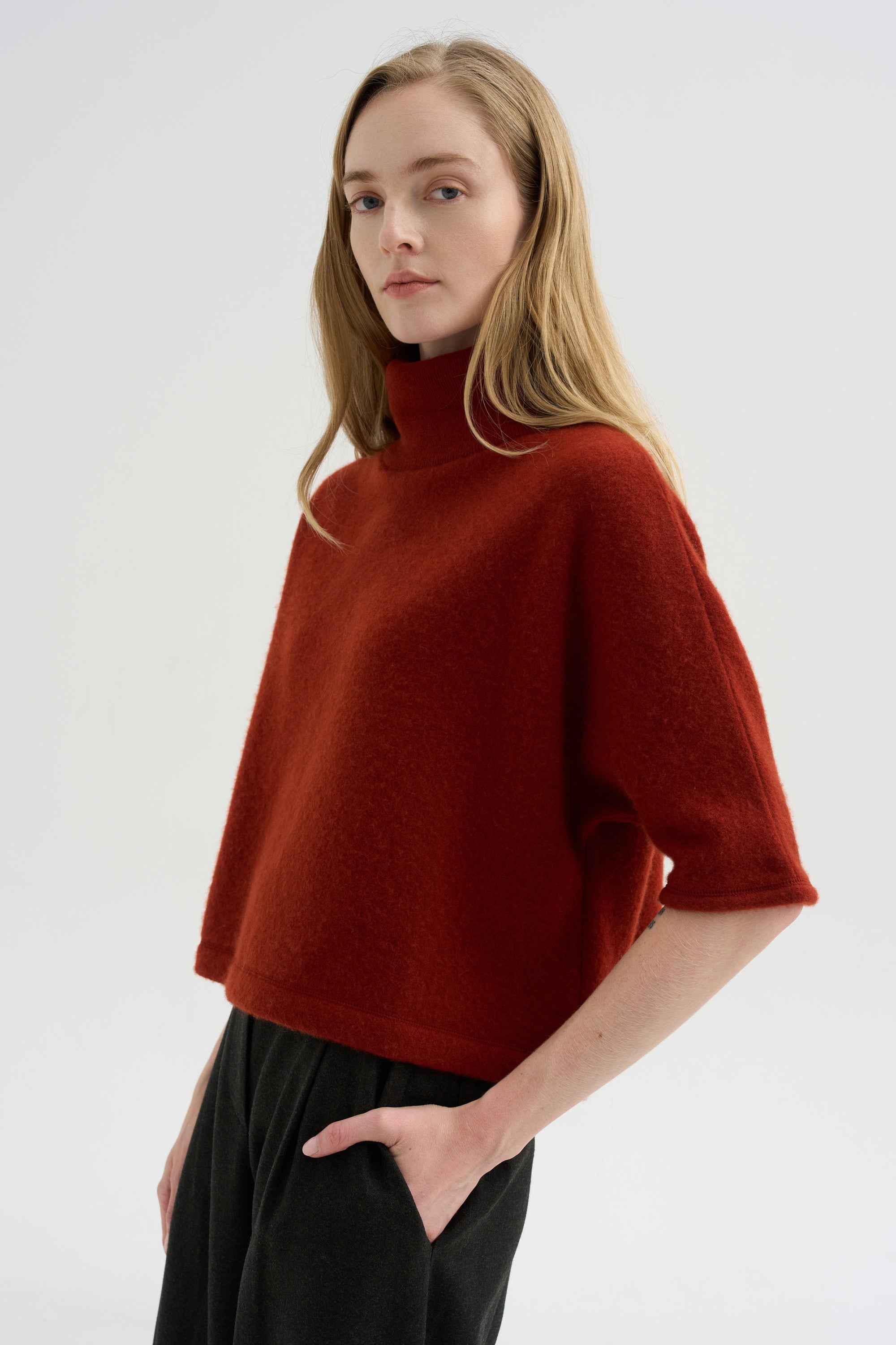 High Neck Short Sleeve Knit Top, Saffron
